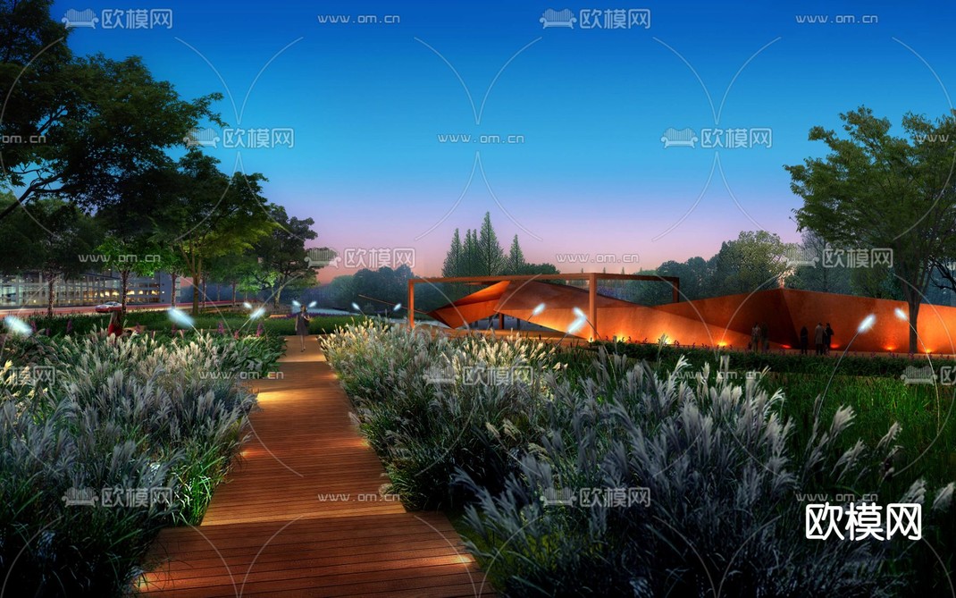 现代公园园林夜景景观psd下载_ID12050266_3dmax免费模型-欧模网