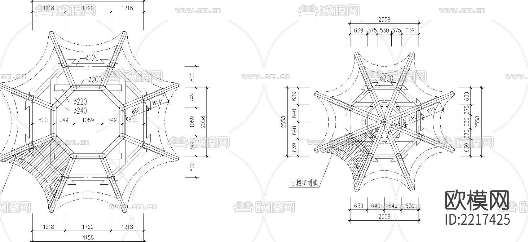 八角重檐亭cad施工图下载（渲染图1）