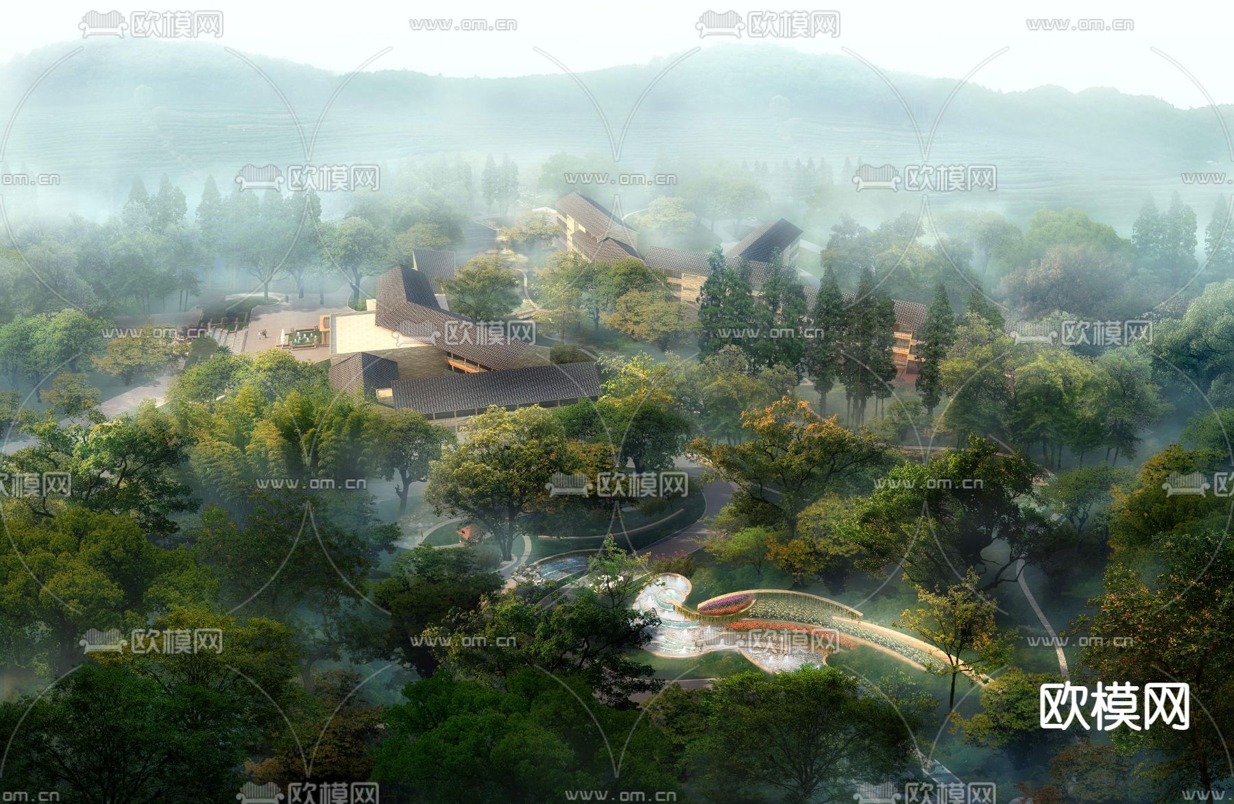 中式湿地园林鸟瞰景观psd下载