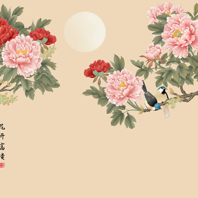  华琴壁画富贵牡丹壁纸 