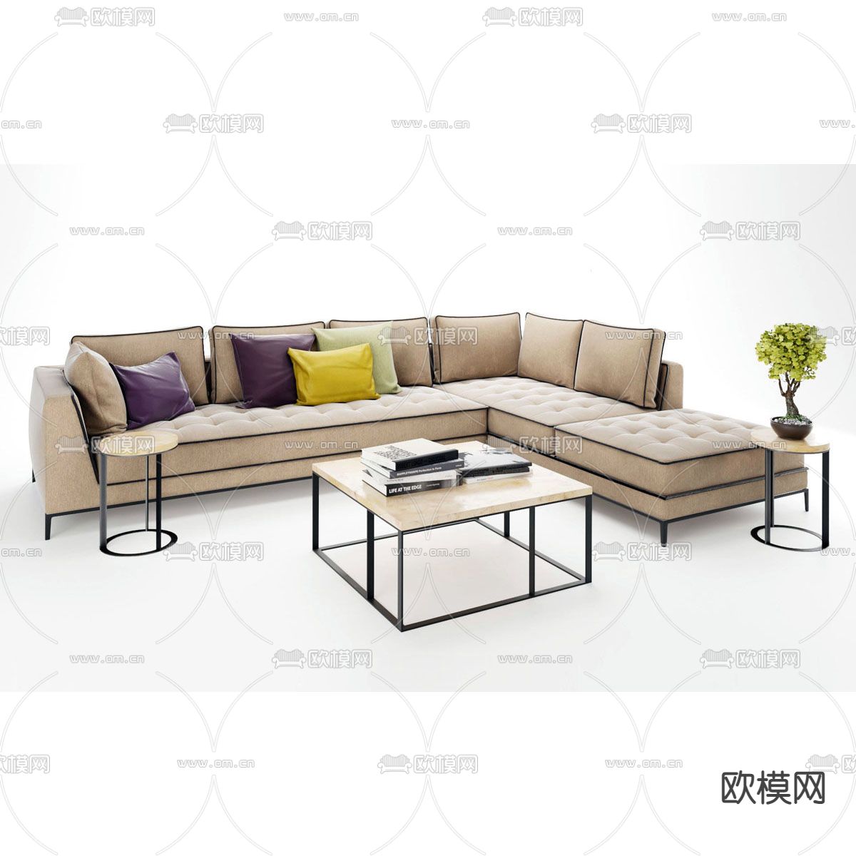 现代简约布艺包边转角多人沙发金属大理石茶几免费3d模型下载_ID12051703_3dmax免费模型-欧模网