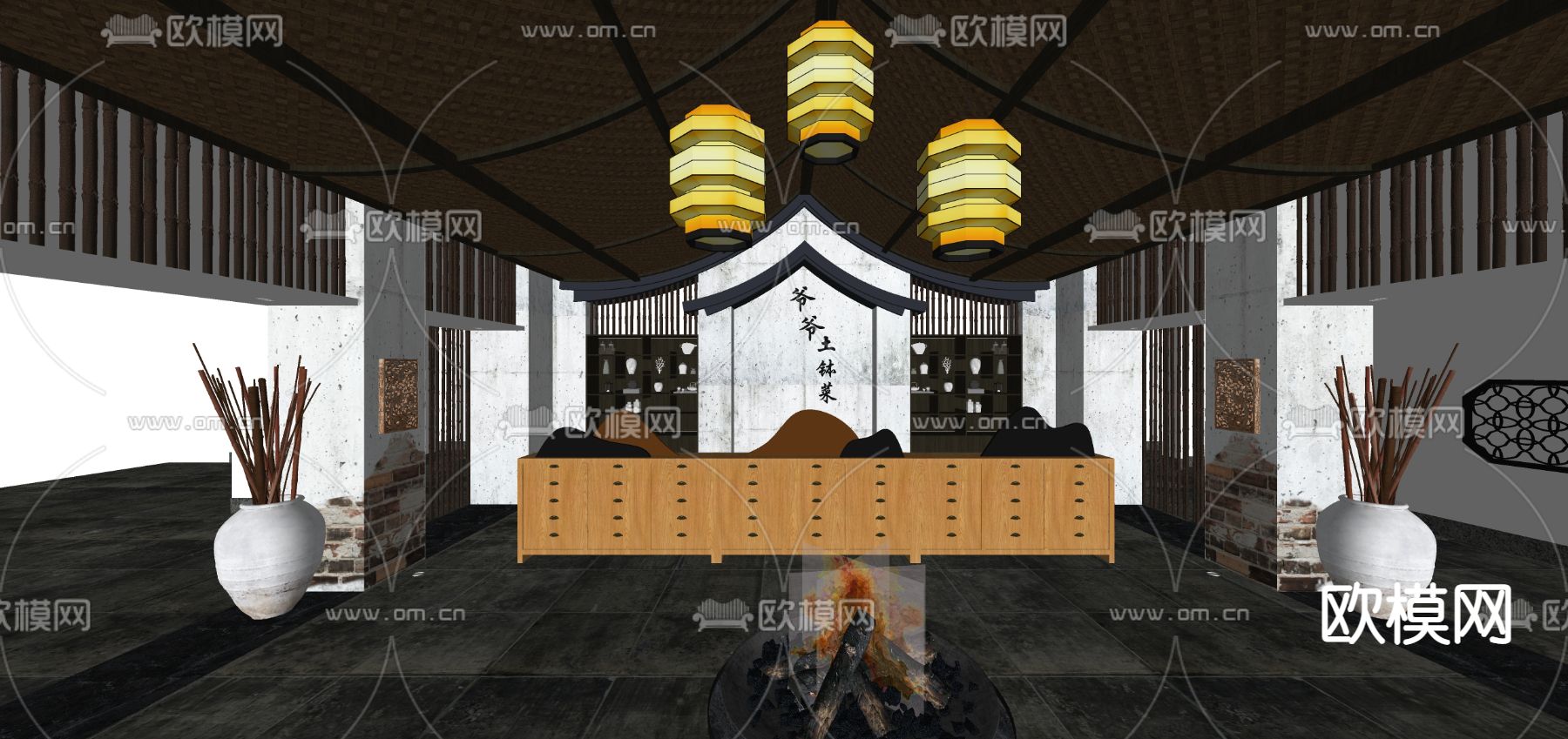 新中式民俗菜中餐厅su模型下载（渲染图2）