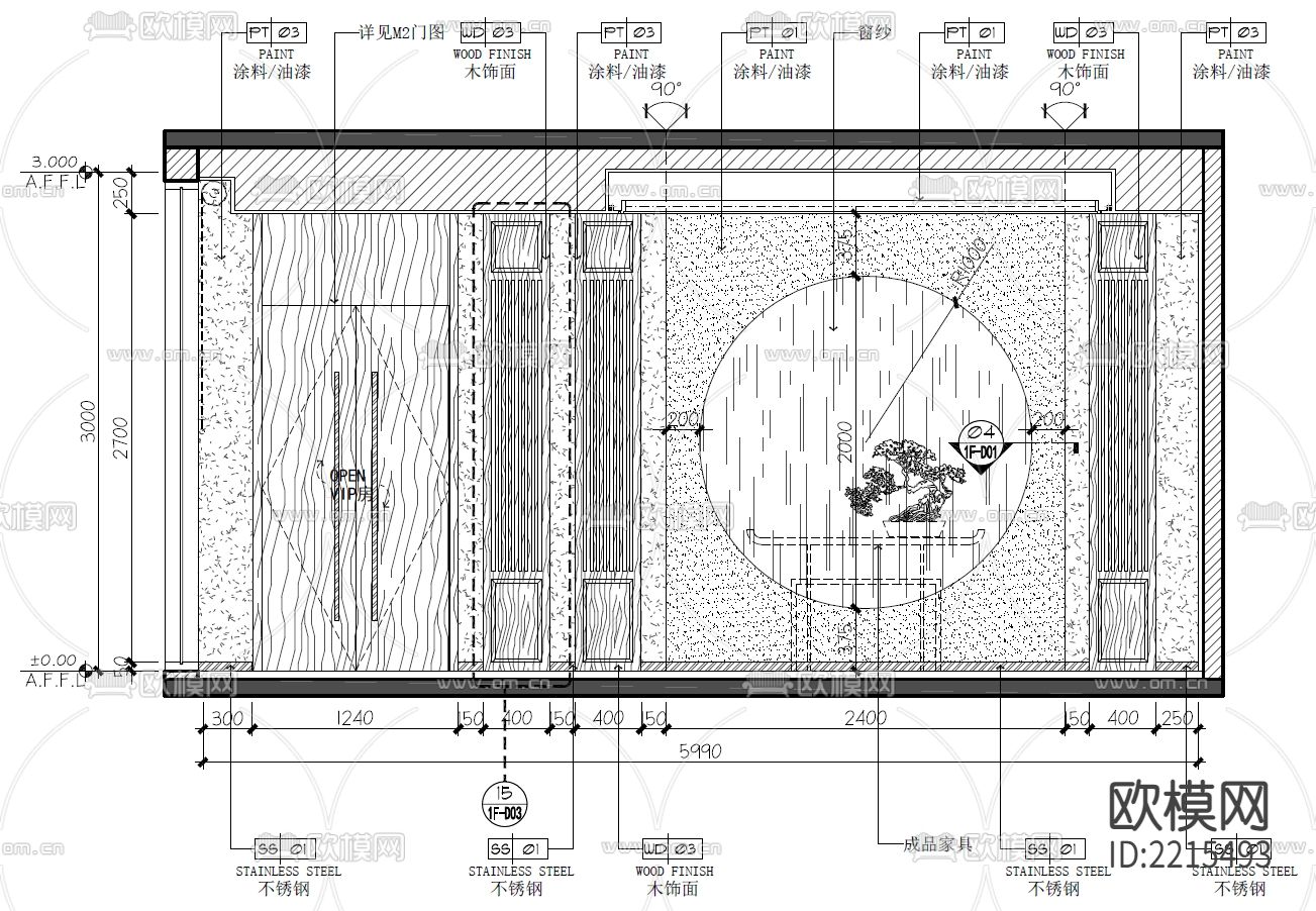 私人会所平面布置CAD施工图下载（渲染图1）
