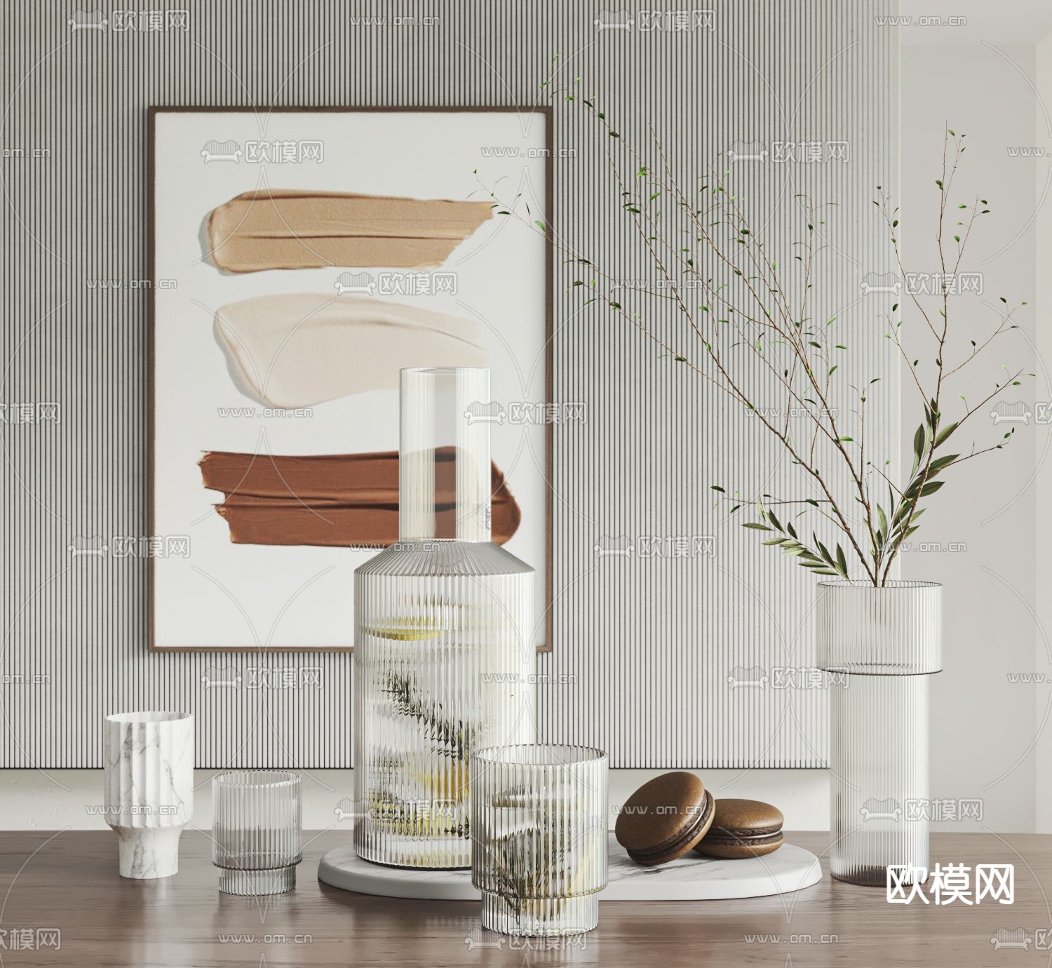 现代插画花瓶玻璃器皿摆件组合3d模型下载