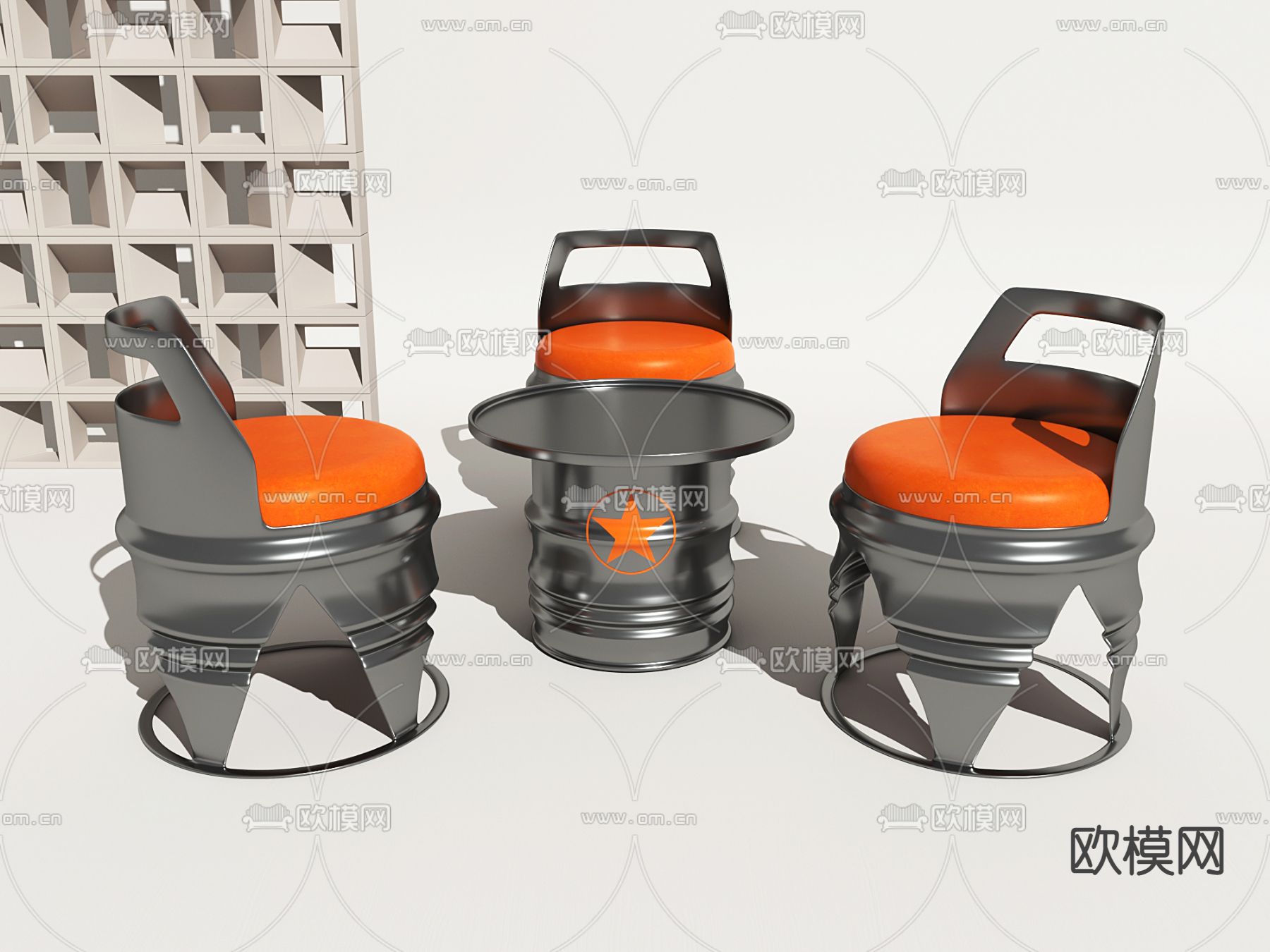 工业风油桶休闲桌椅3d模型下载