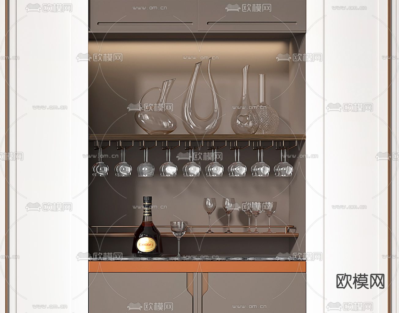 现代多功能啡色酒柜3d模型下载（渲染图3）