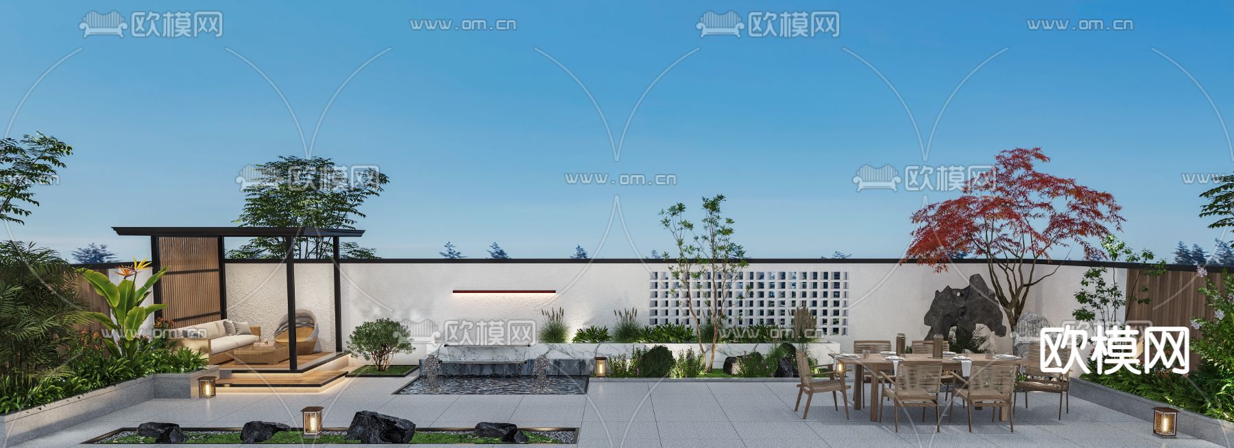 现代别墅庭院花园3d模型下载