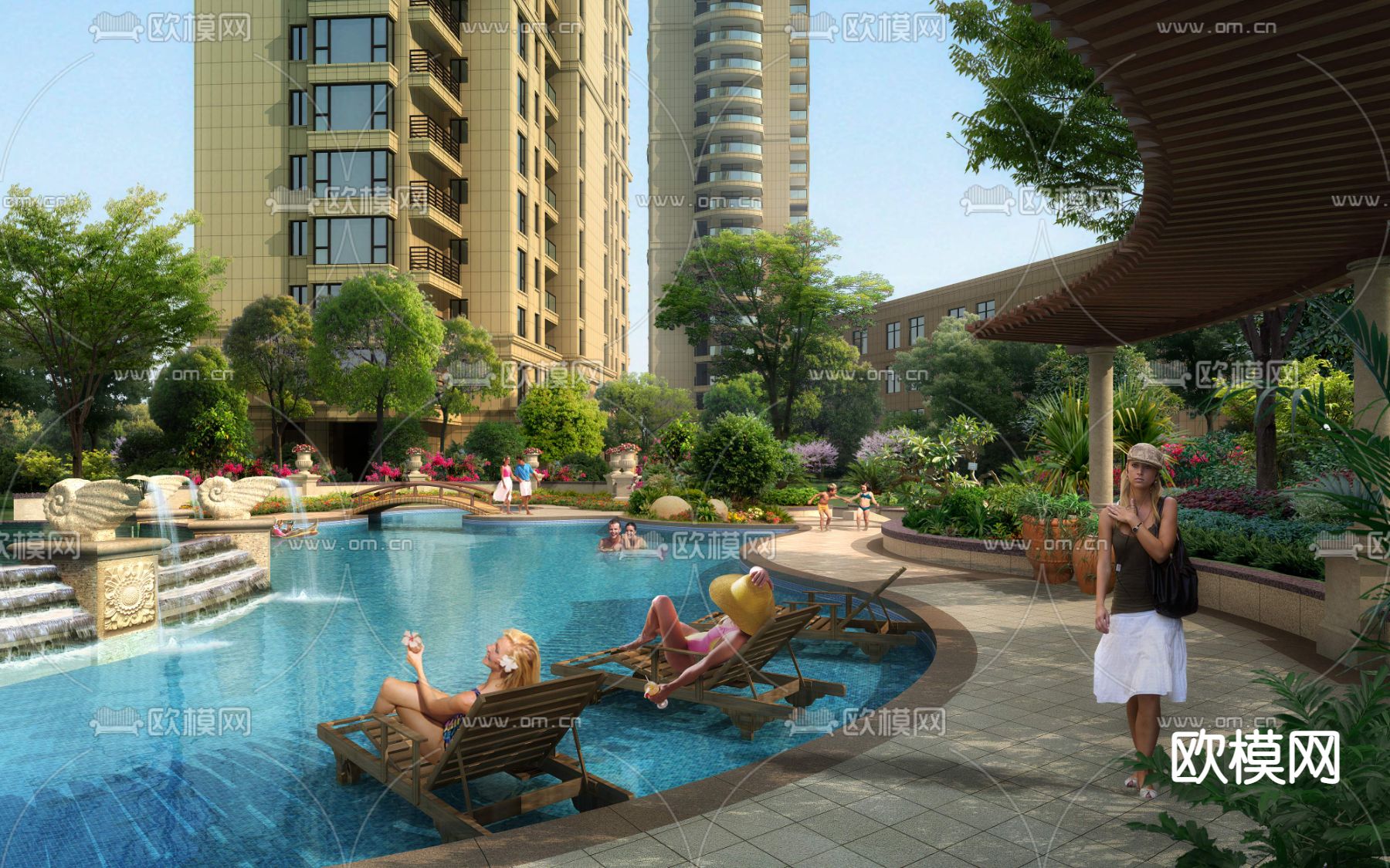 现代小区游泳池景观psd下载