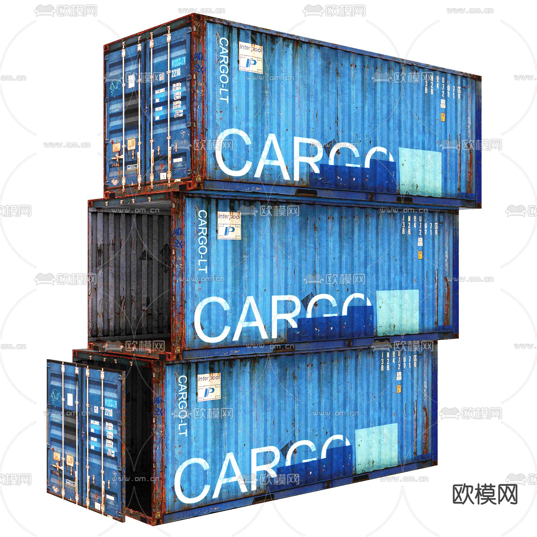 现代蓝色锈迹集装箱货柜箱3d模型下载