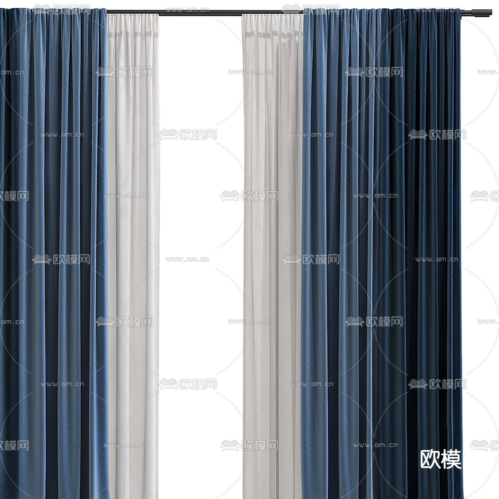 现代蓝色布艺窗帘纱帘3d模型下载（渲染图2）