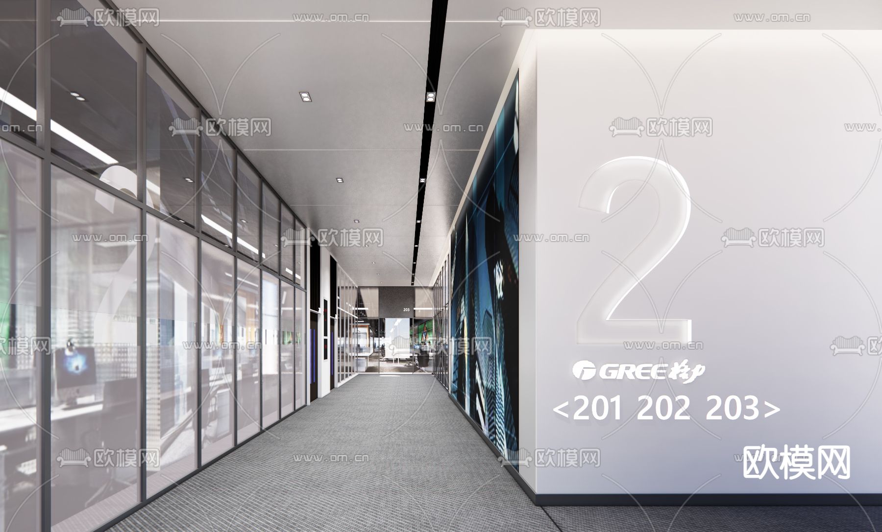 现代办公室过道su模型下载（渲染图1）