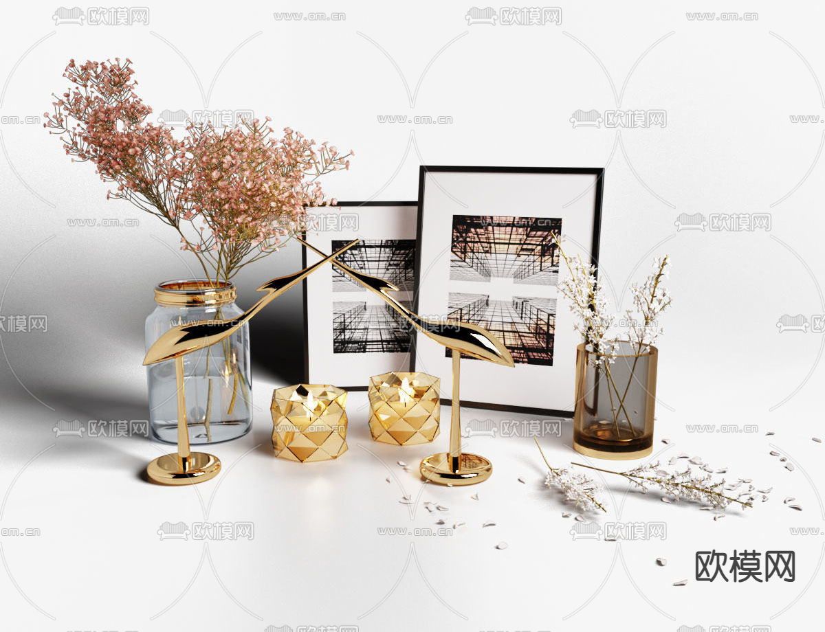 现代轻奢玻璃花瓶花艺金属雕塑相框摆件免费3d模型下载