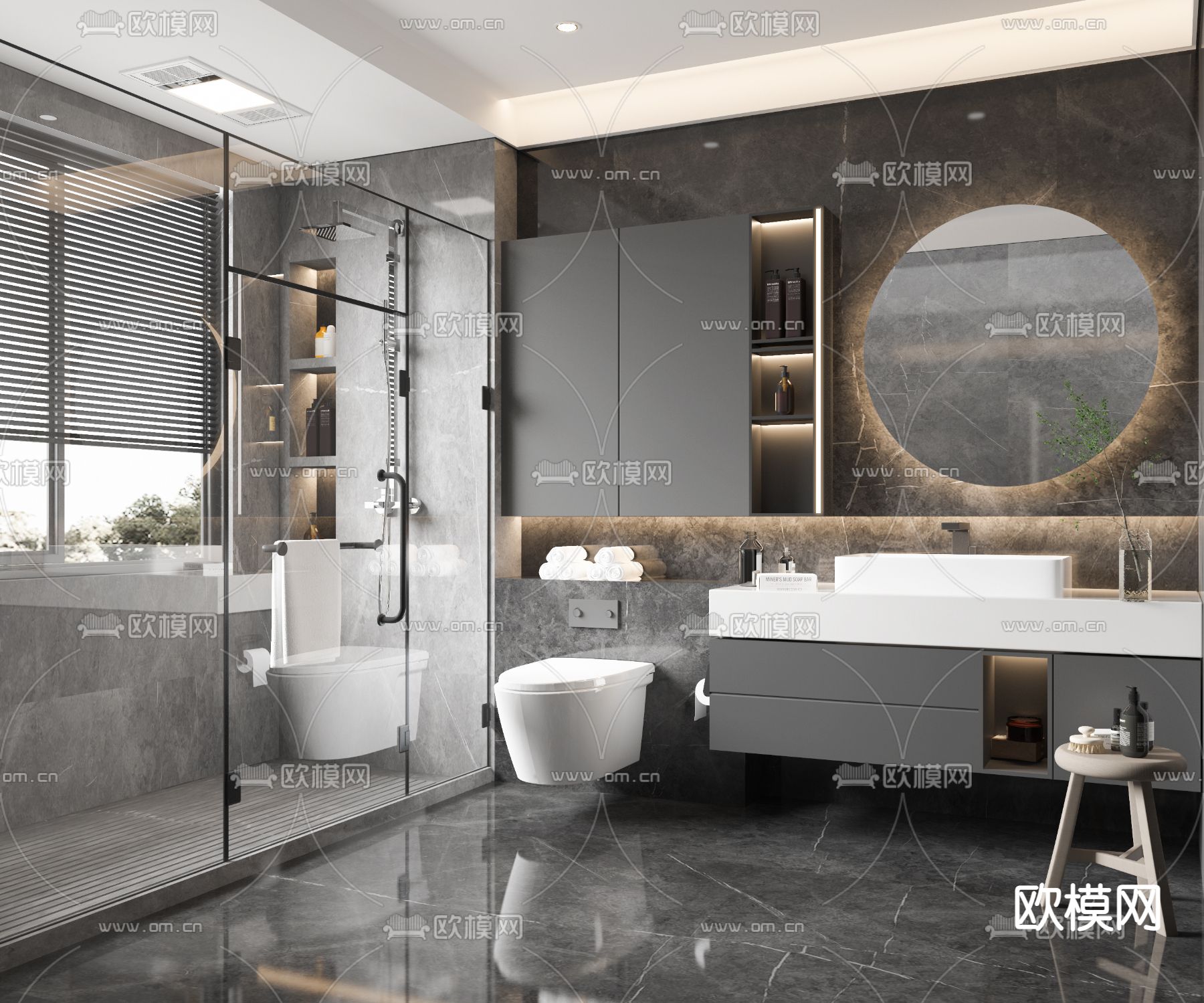 现代高级灰卫生间浴室3d模型下载
