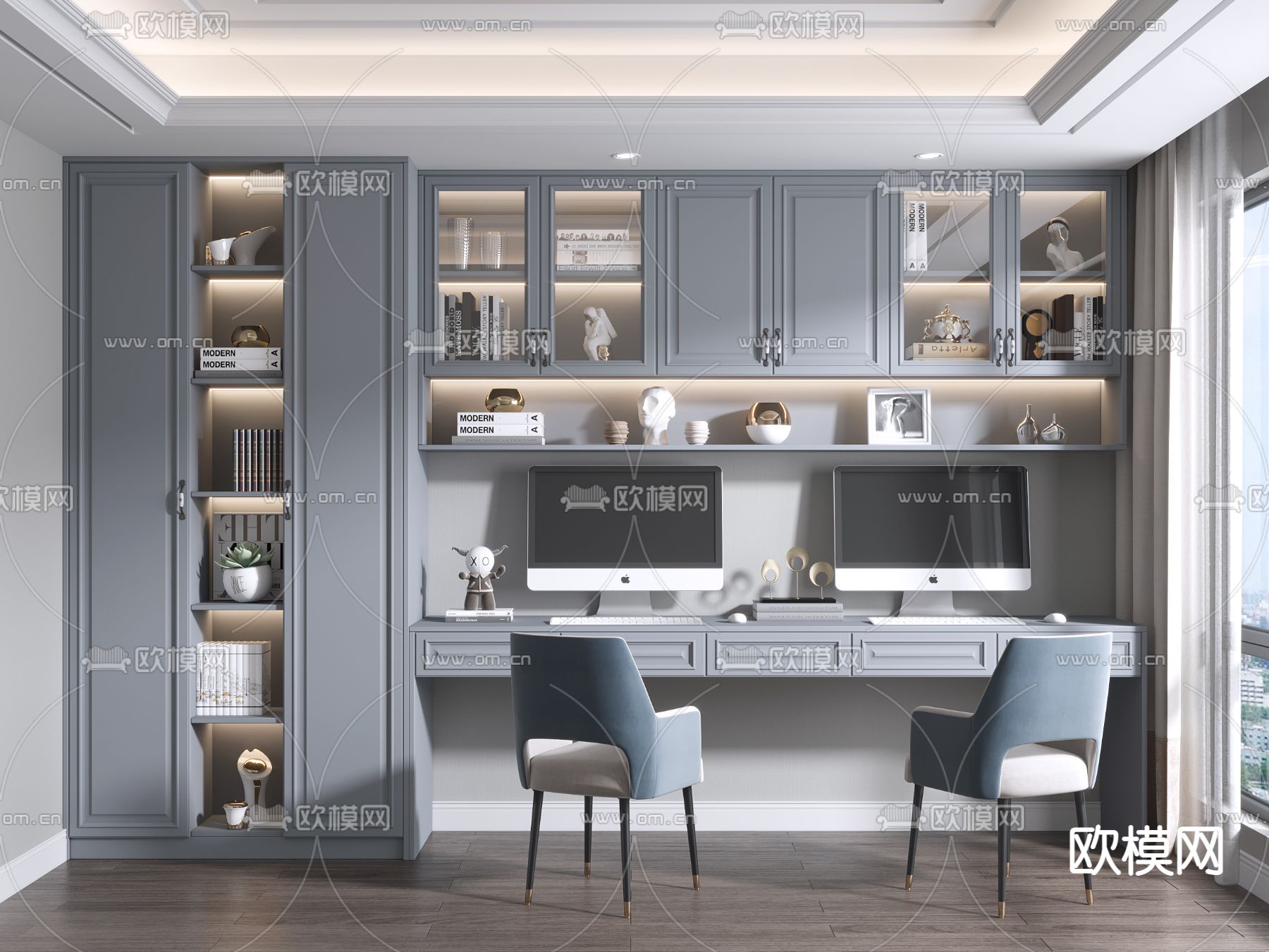 美式双人书房3d模型下载