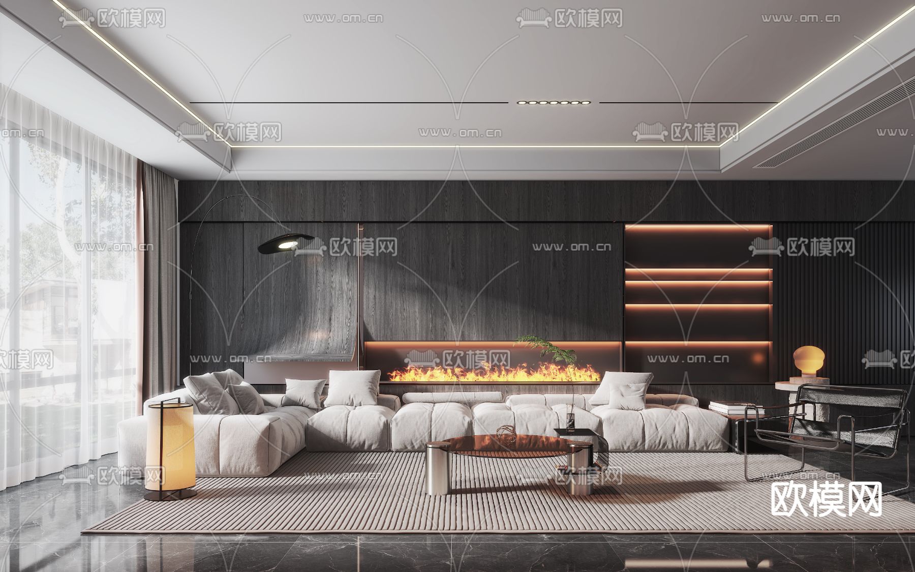 现代高级灰客厅餐厅3d模型下载（渲染图1）