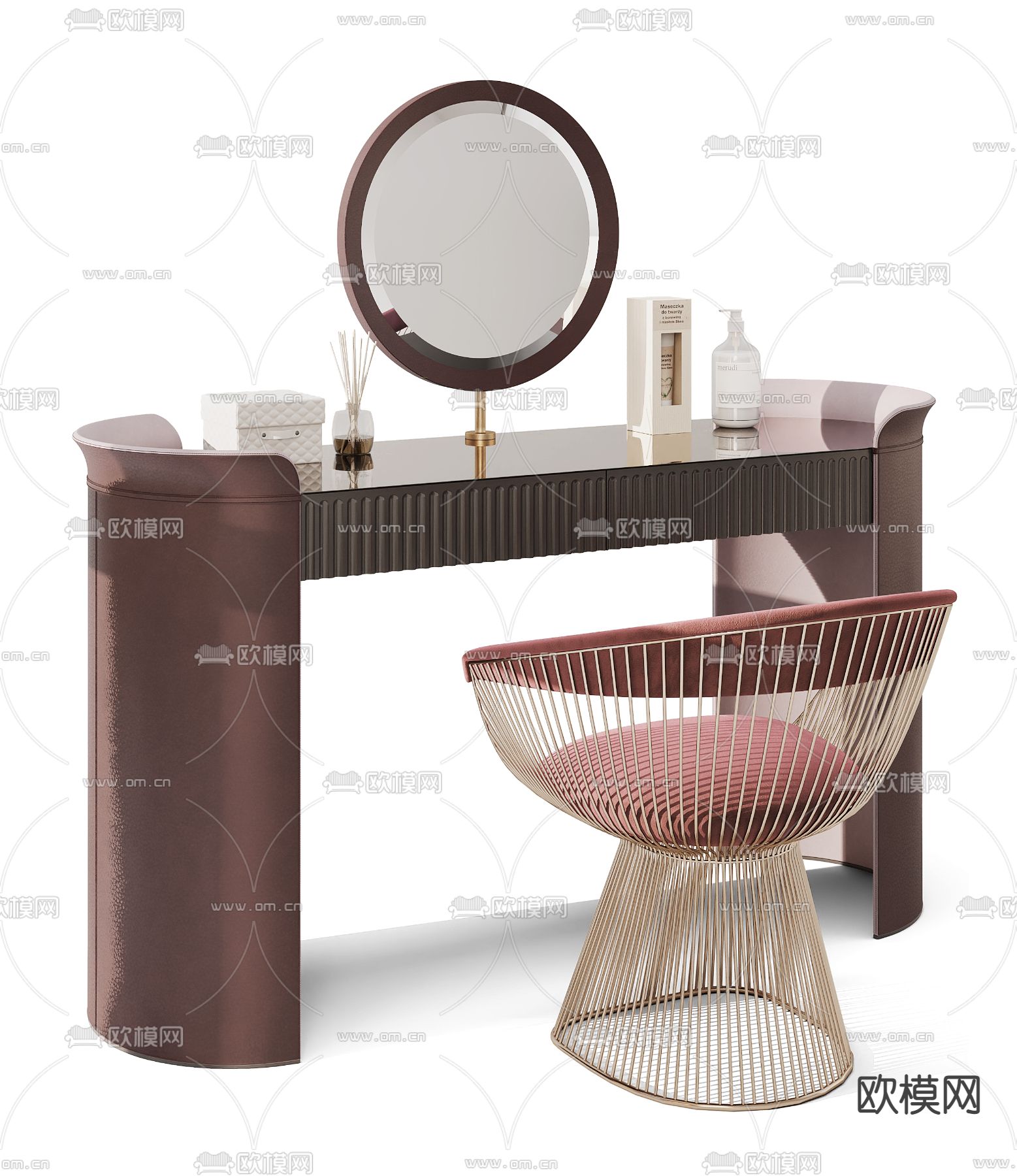现代粉色梳妆台3d模型下载（渲染图3）