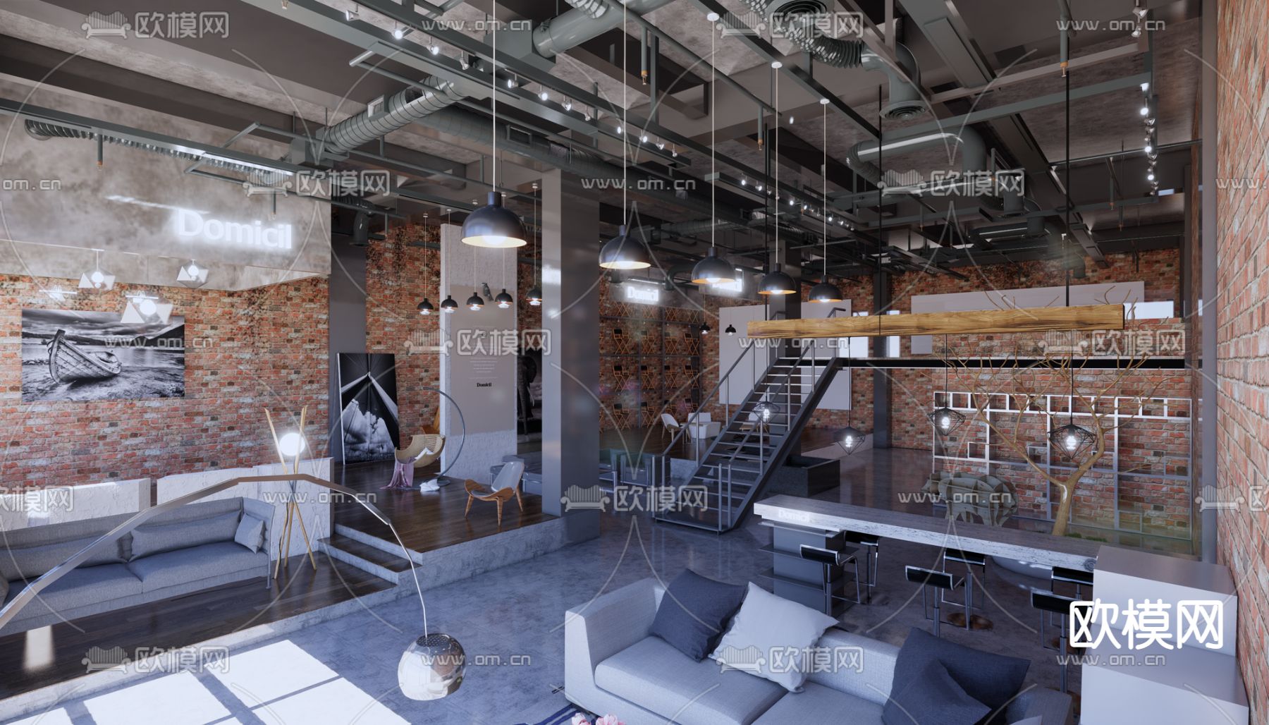 工业风咖啡厅su模型下载（渲染图1）