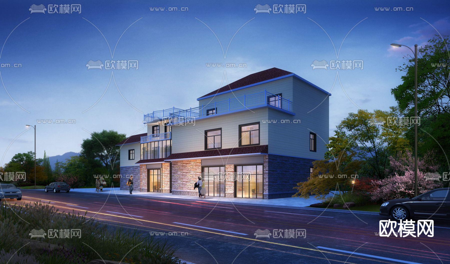 现代独栋别墅外观景观psd下载