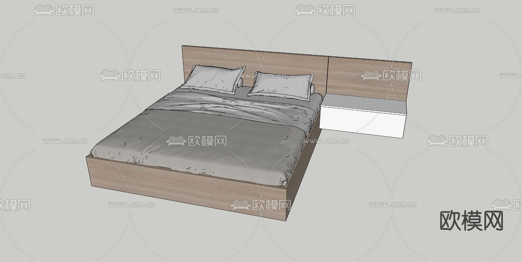 日式实木双人床su模型下载（渲染图2）