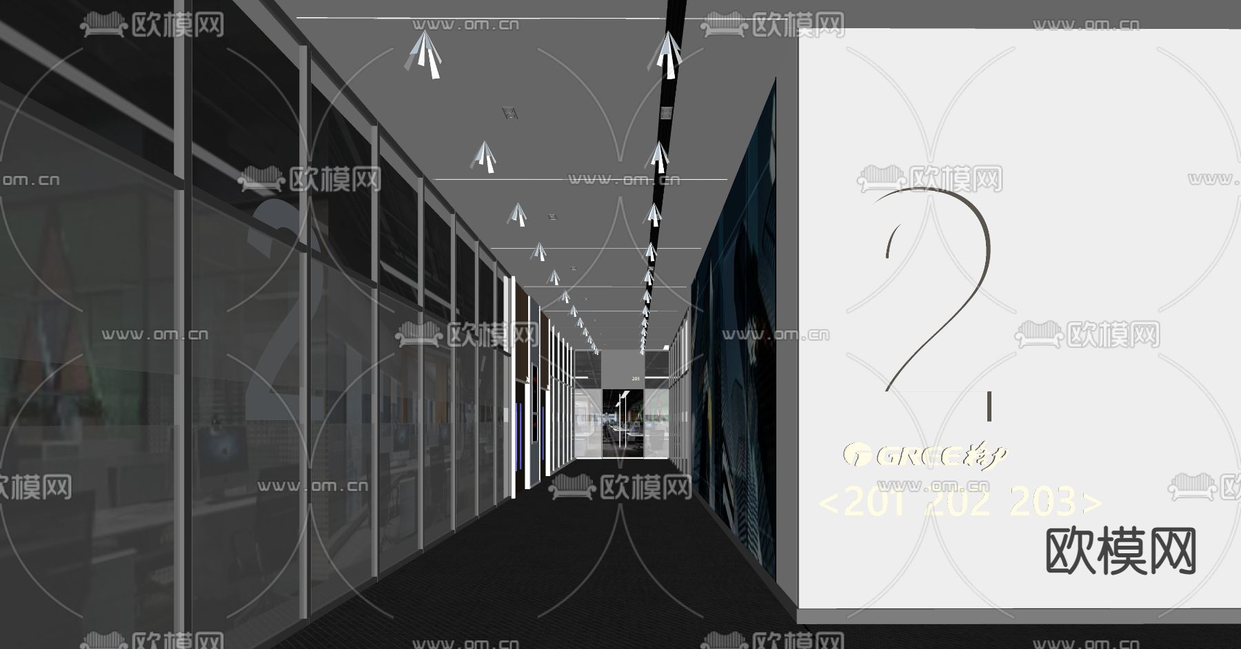 现代办公室过道su模型下载（渲染图2）