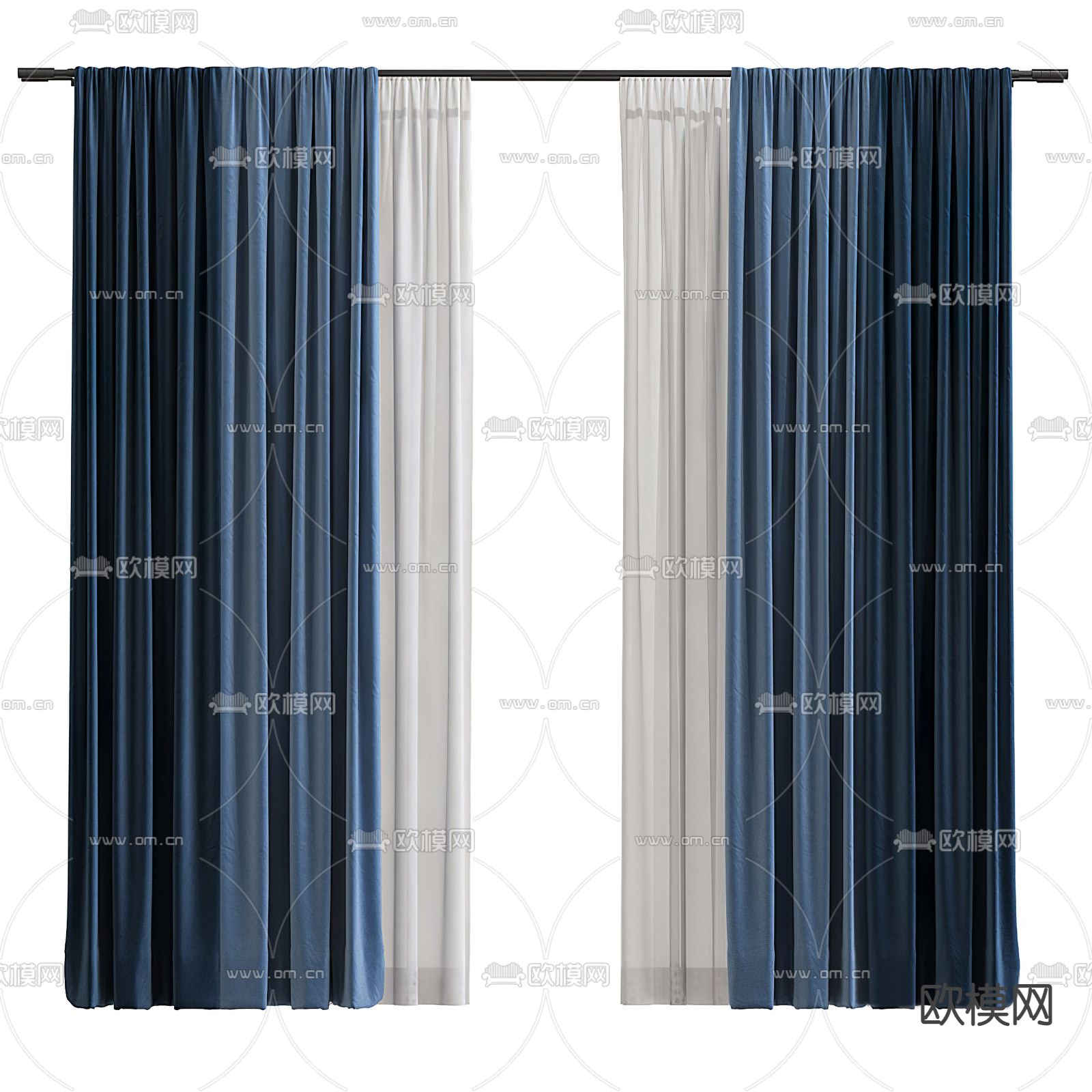现代蓝色布艺窗帘纱帘3d模型下载（渲染图1）