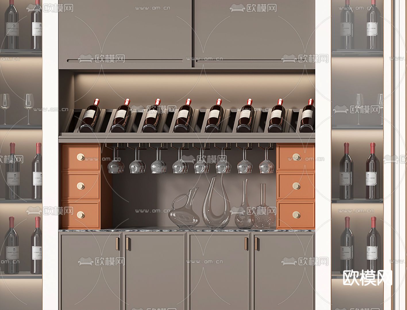 现代多功能啡色酒柜3d模型下载（渲染图2）