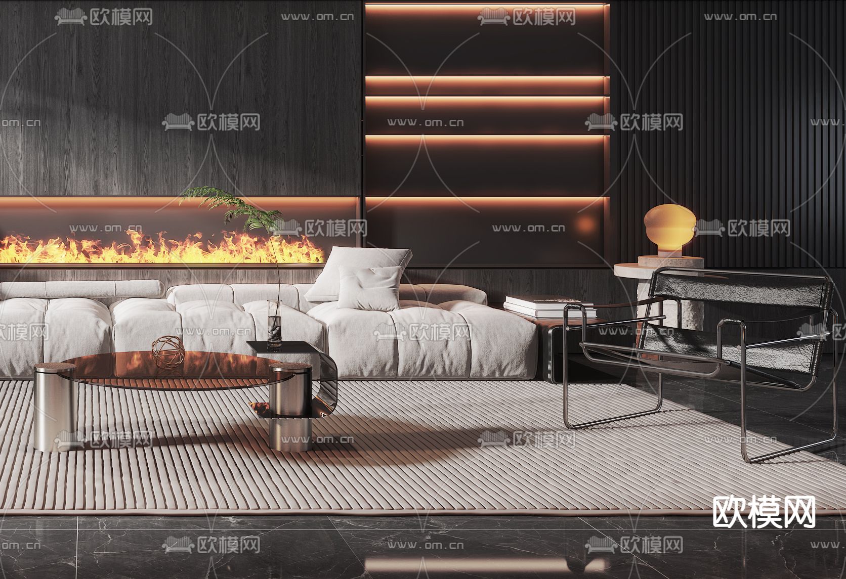 现代高级灰客厅餐厅3d模型下载（渲染图6）