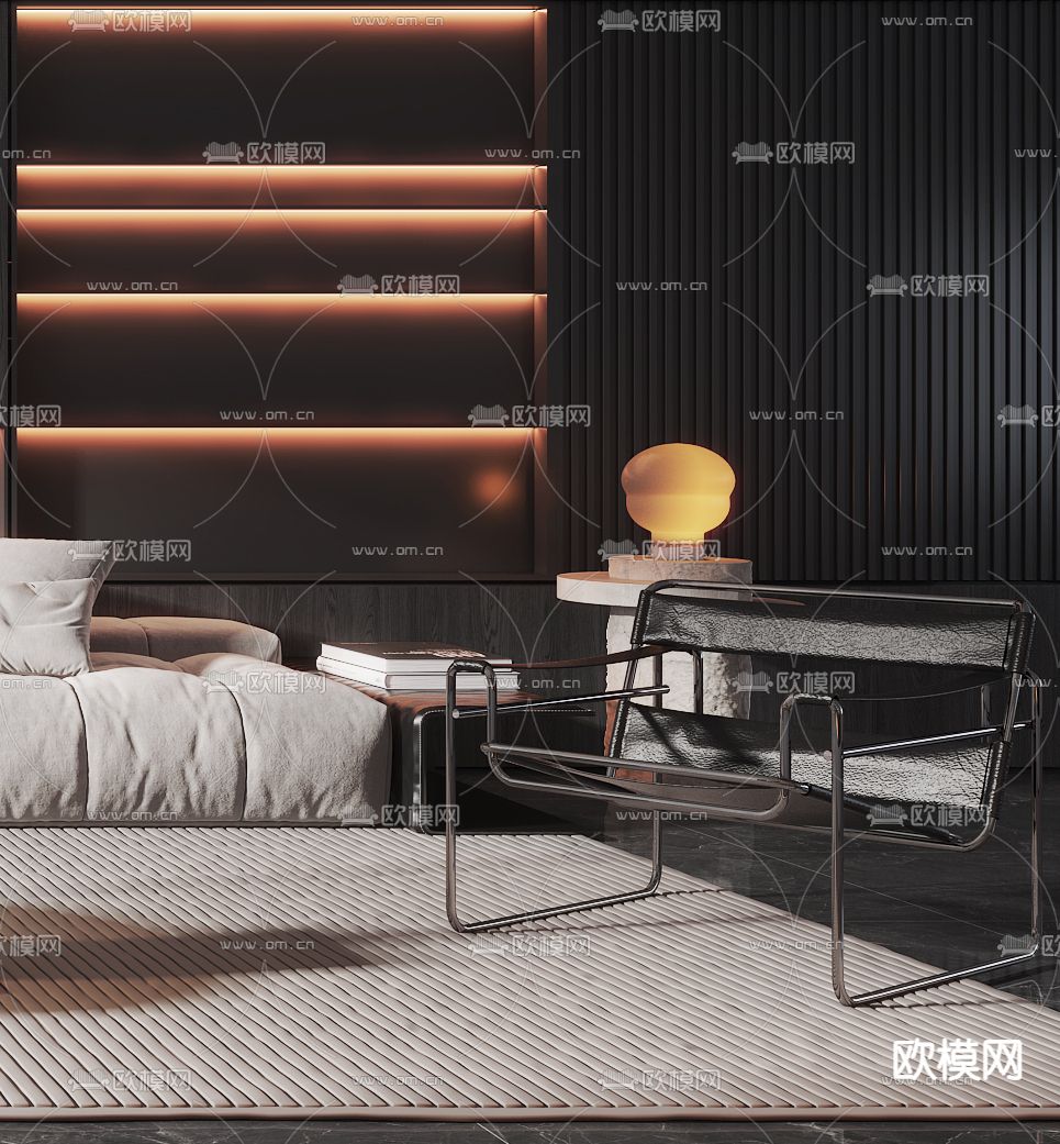 现代高级灰客厅餐厅3d模型下载（渲染图4）