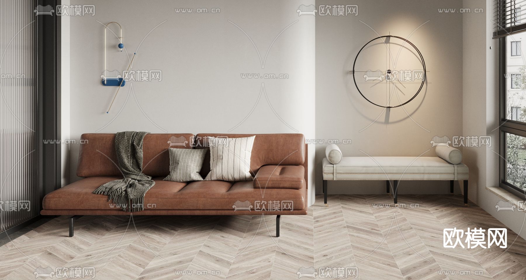 现代棕色皮革休闲沙发3d模型下载