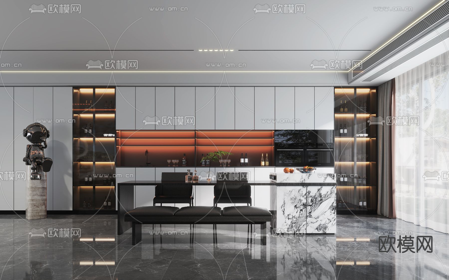 现代高级灰客厅餐厅3d模型下载（渲染图3）