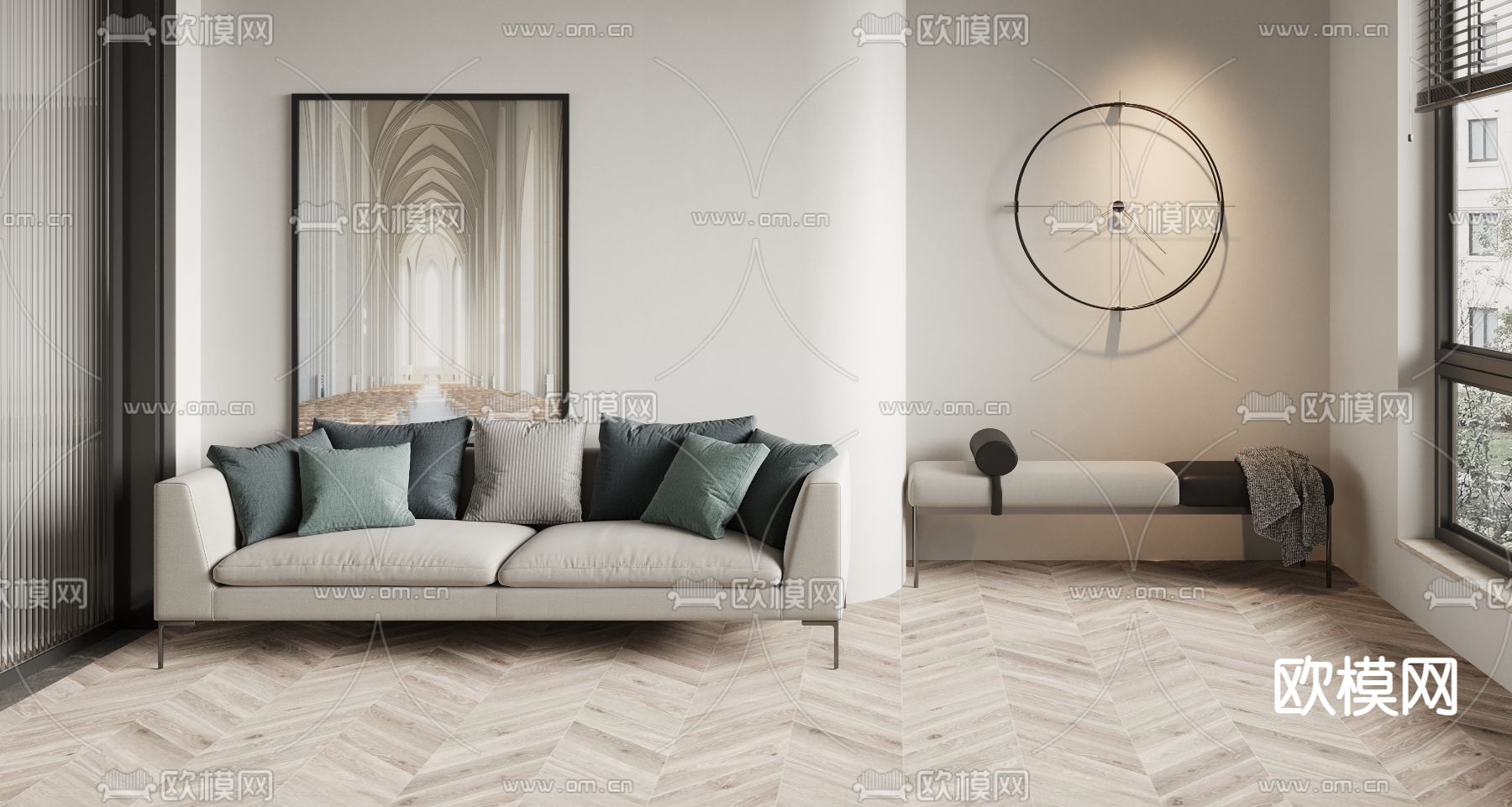 现代灰色布艺双人沙发3d模型下载