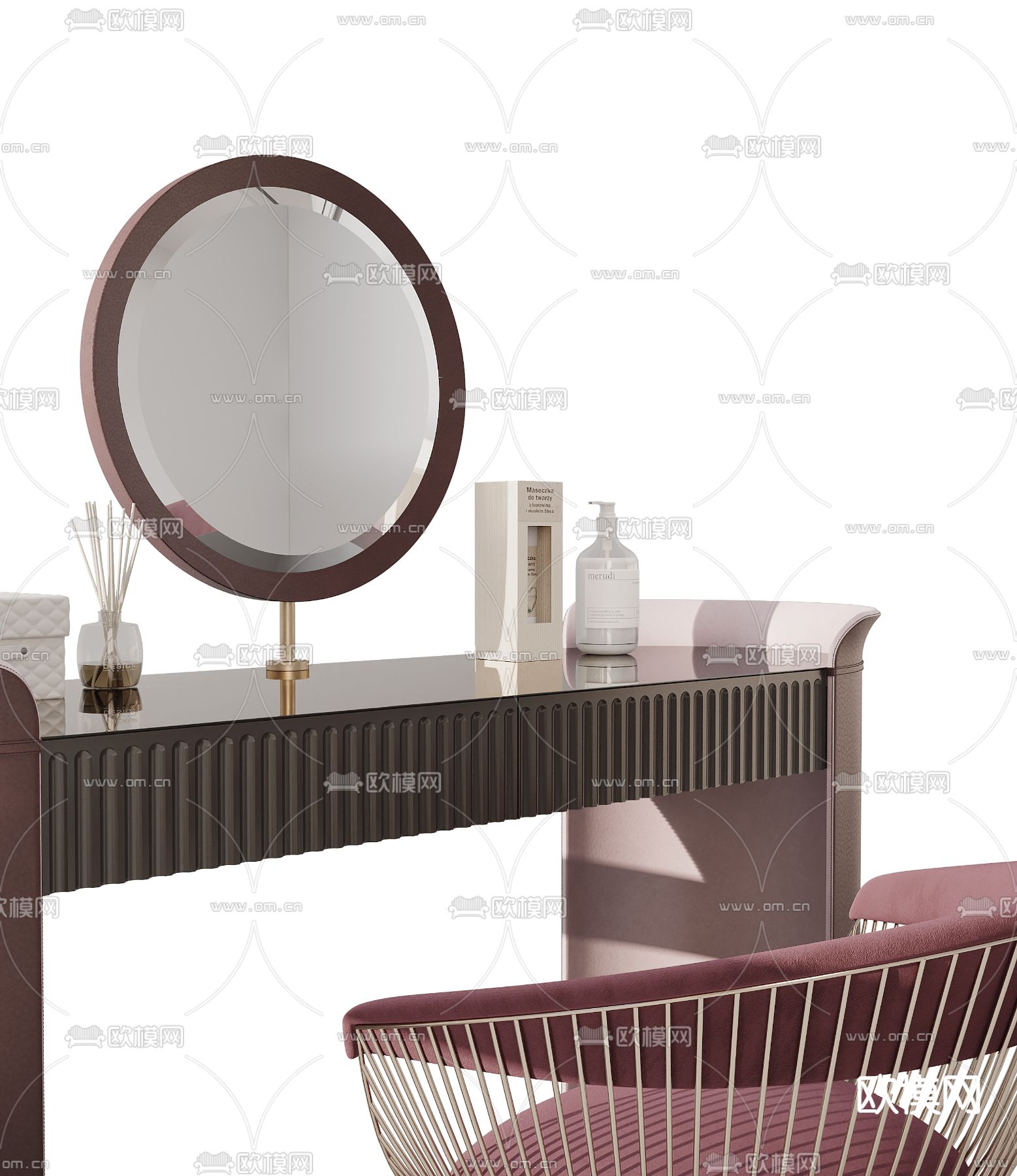 现代粉色梳妆台3d模型下载（渲染图2）