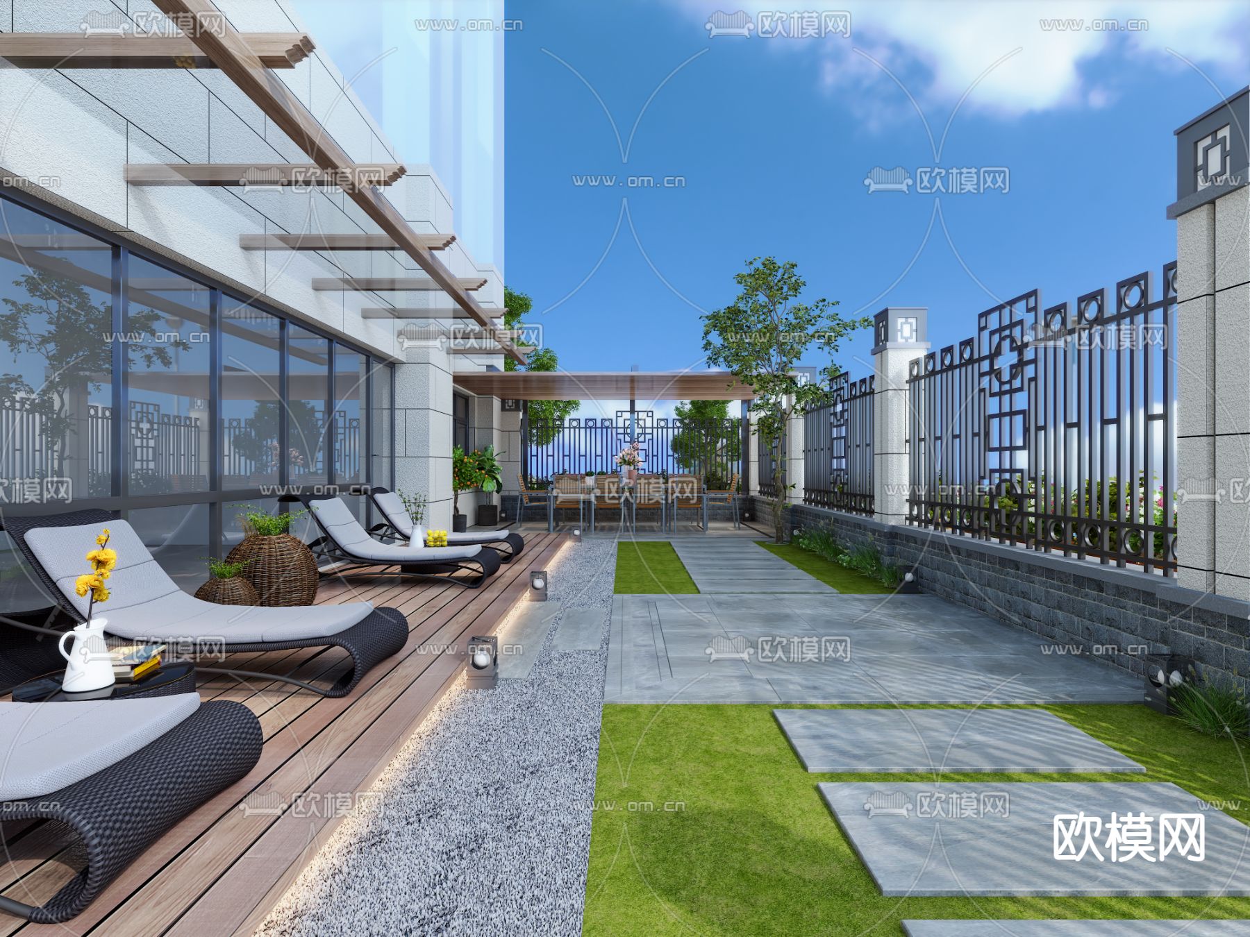 现代别墅庭院花园3d模型下载_ID12049962_3dmax免费模型-欧模网