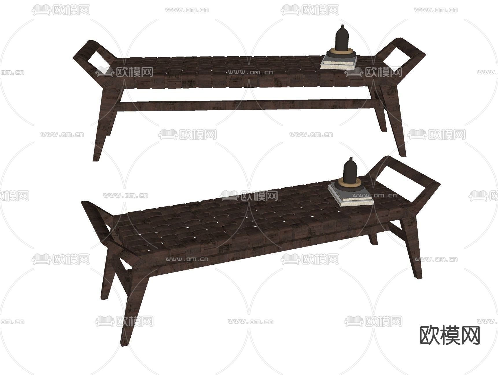 新中式编织床尾凳su模型下载（渲染图2）