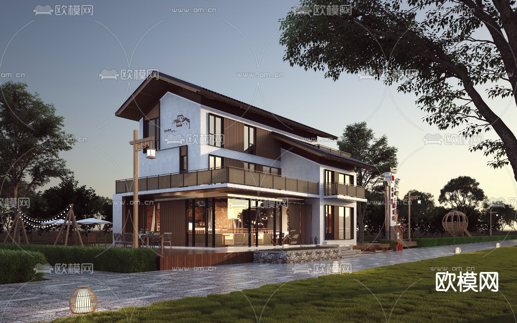 新中式民宿建筑外观3d模型下载