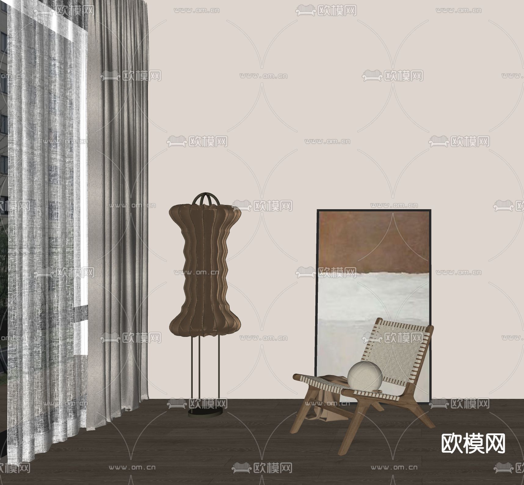 侘寂风灯笼落地灯su模型下载（渲染图2）