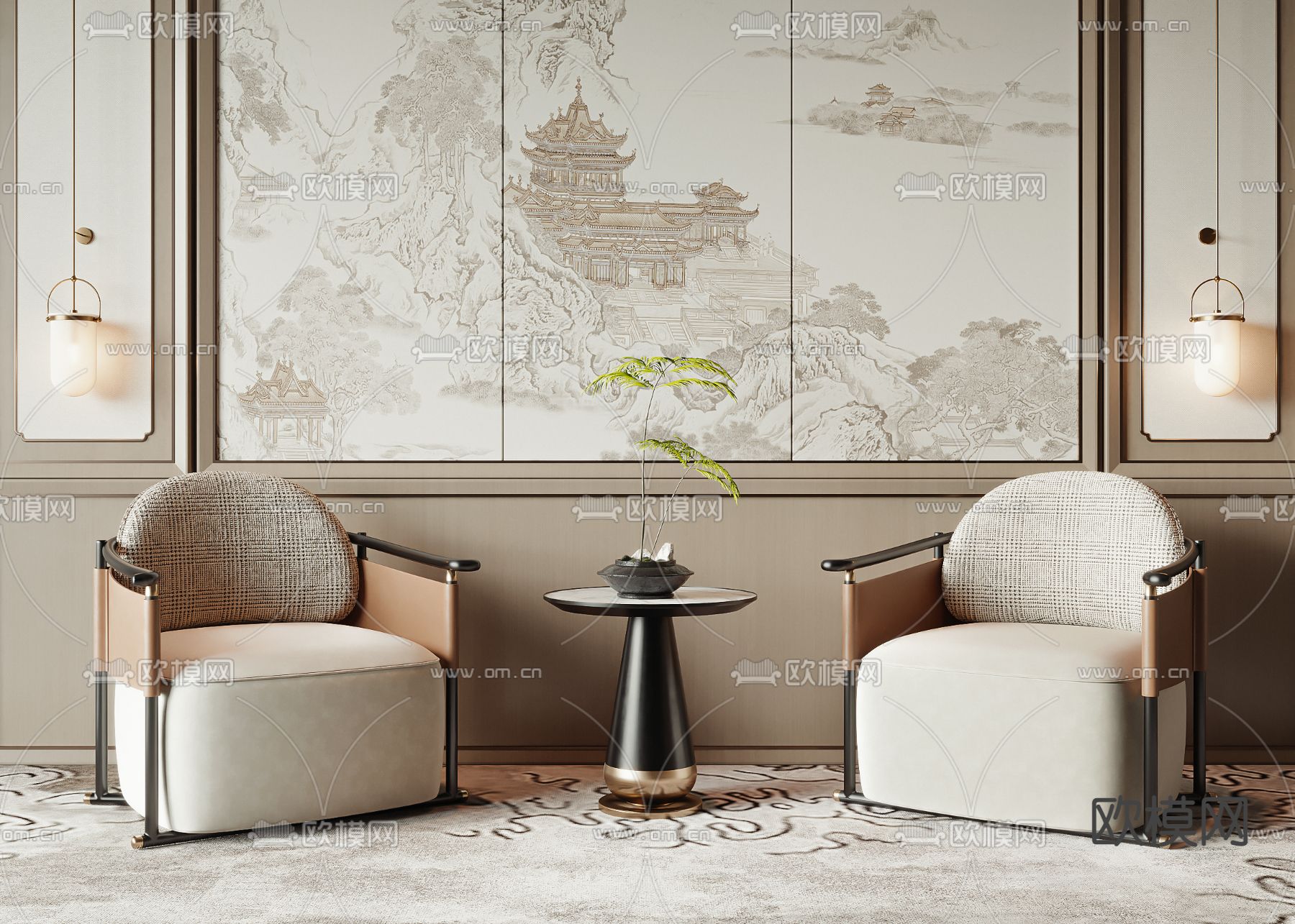 新中式白色单人沙发3d模型下载