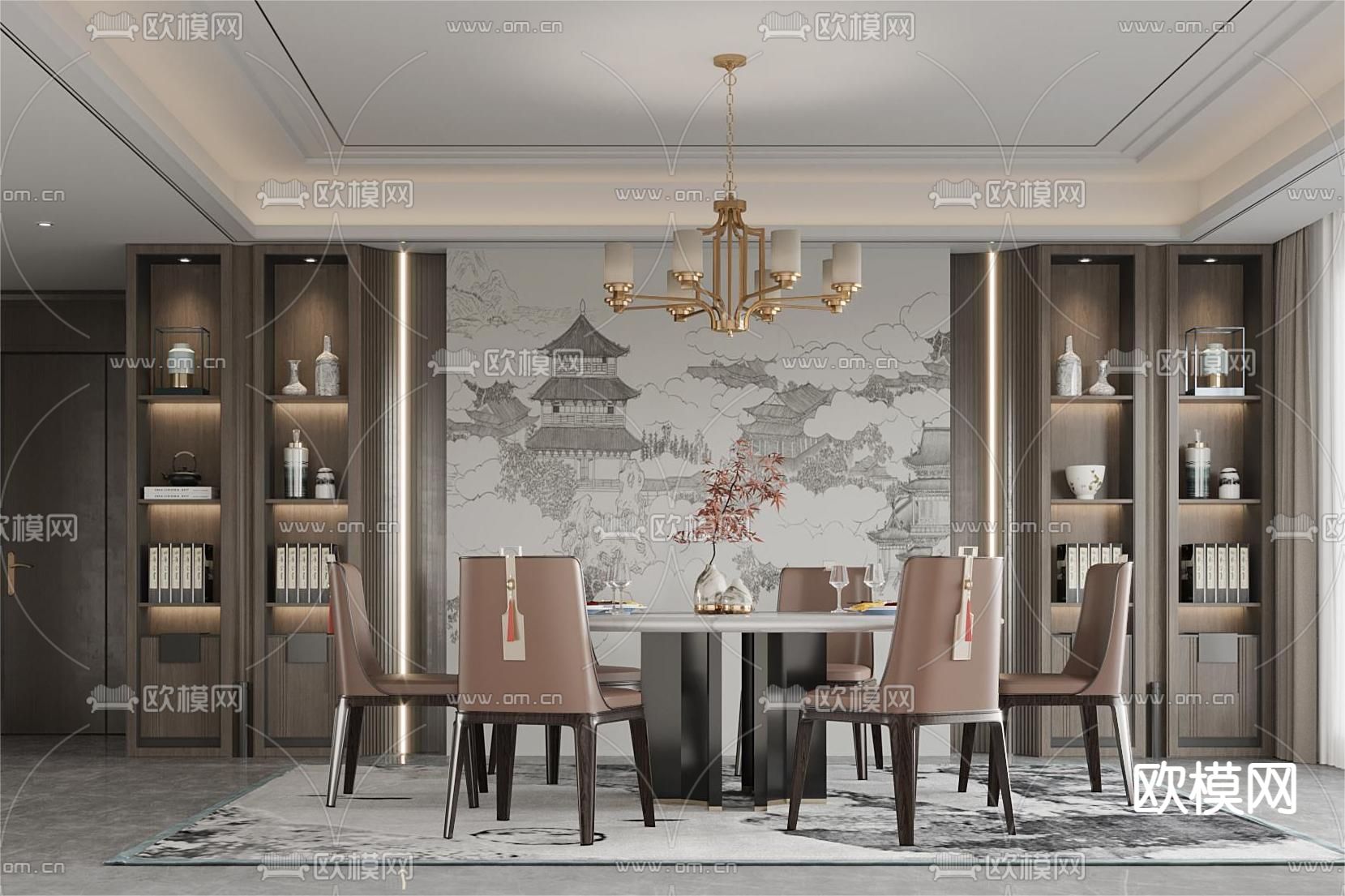 新中式餐厅3d模型下载_ID12052290_3dmax免费模型-欧模网
