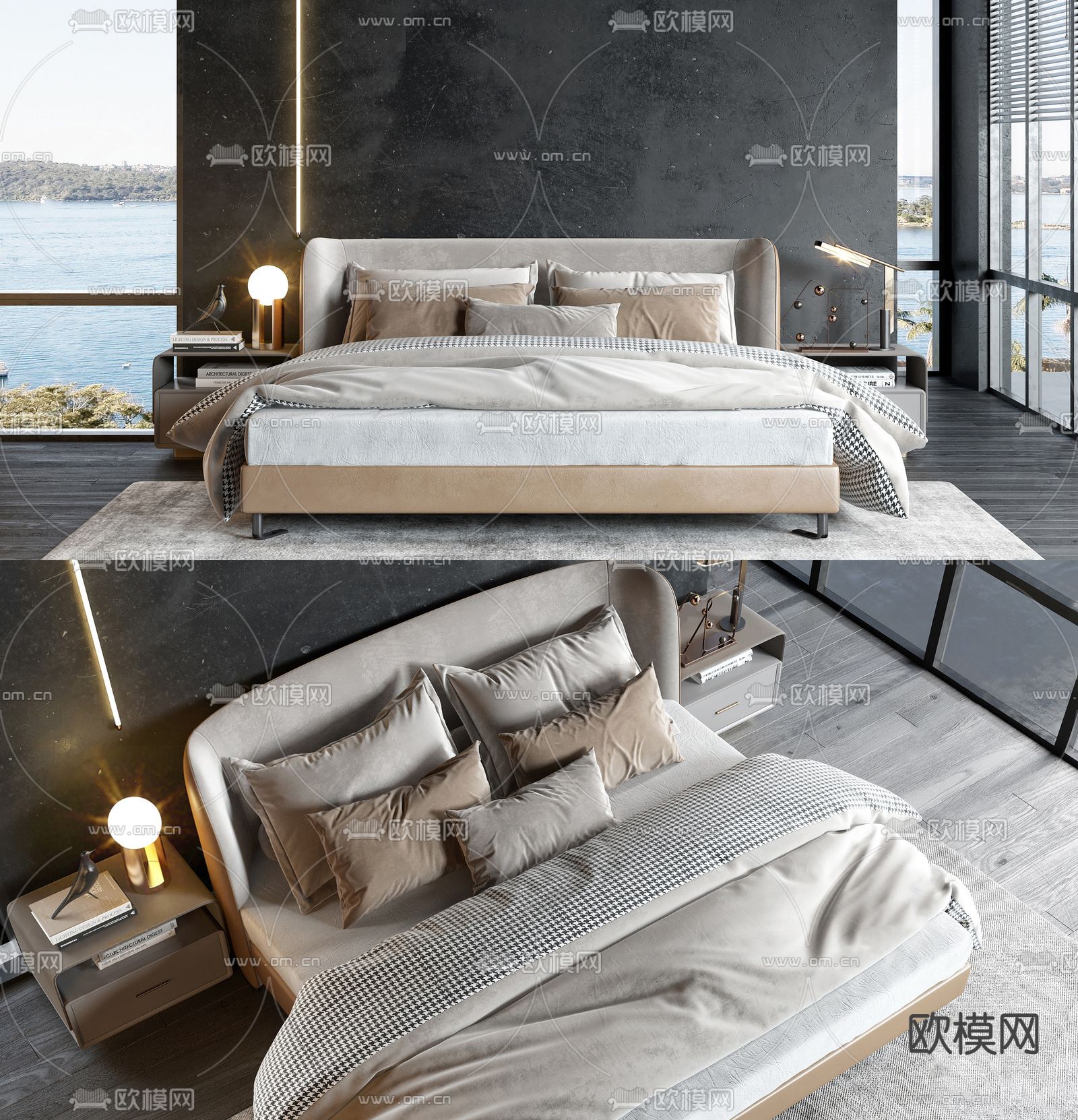 现代浅啡色布艺双人床su模型