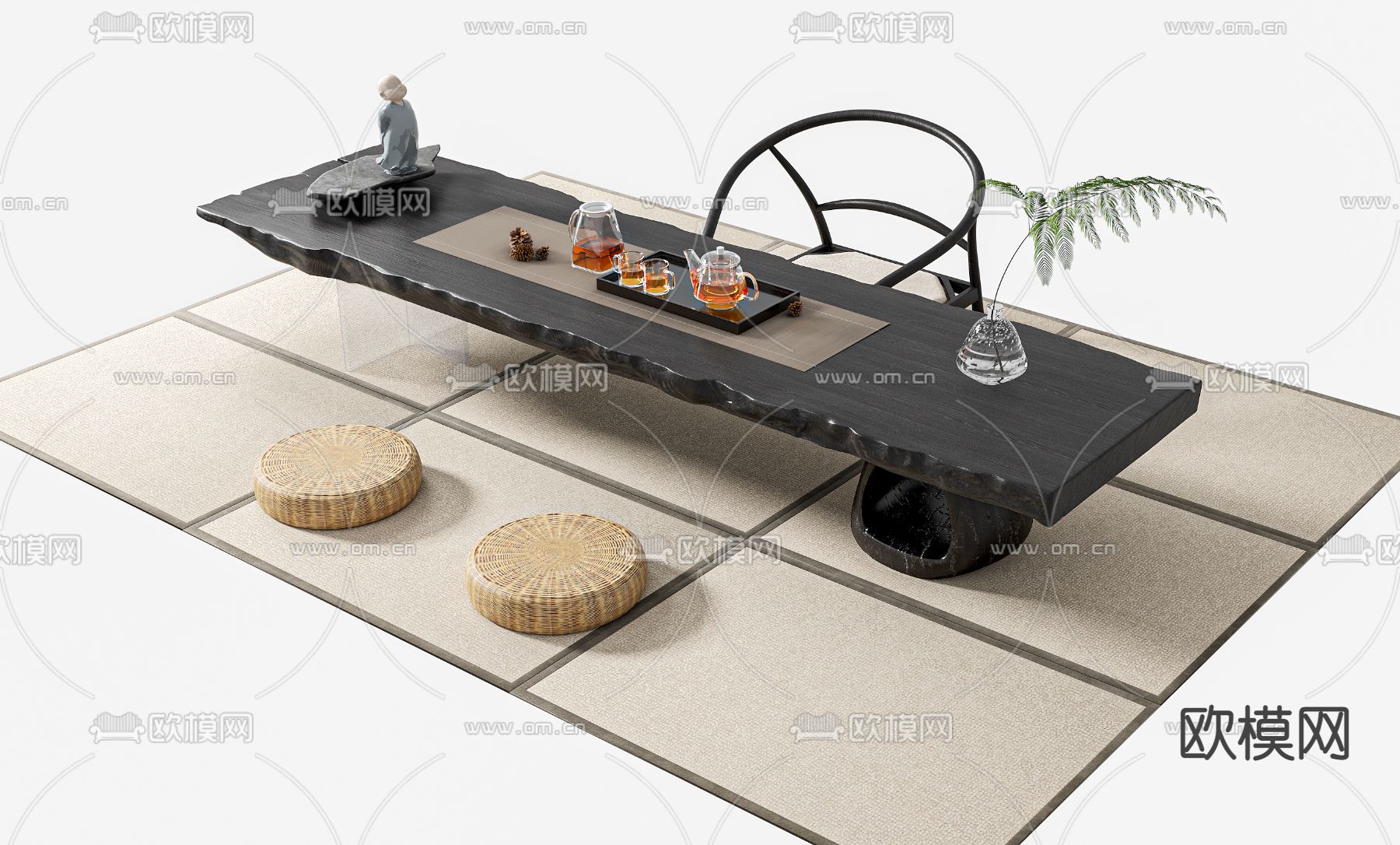 新中式榻榻米茶桌椅3d模型下载