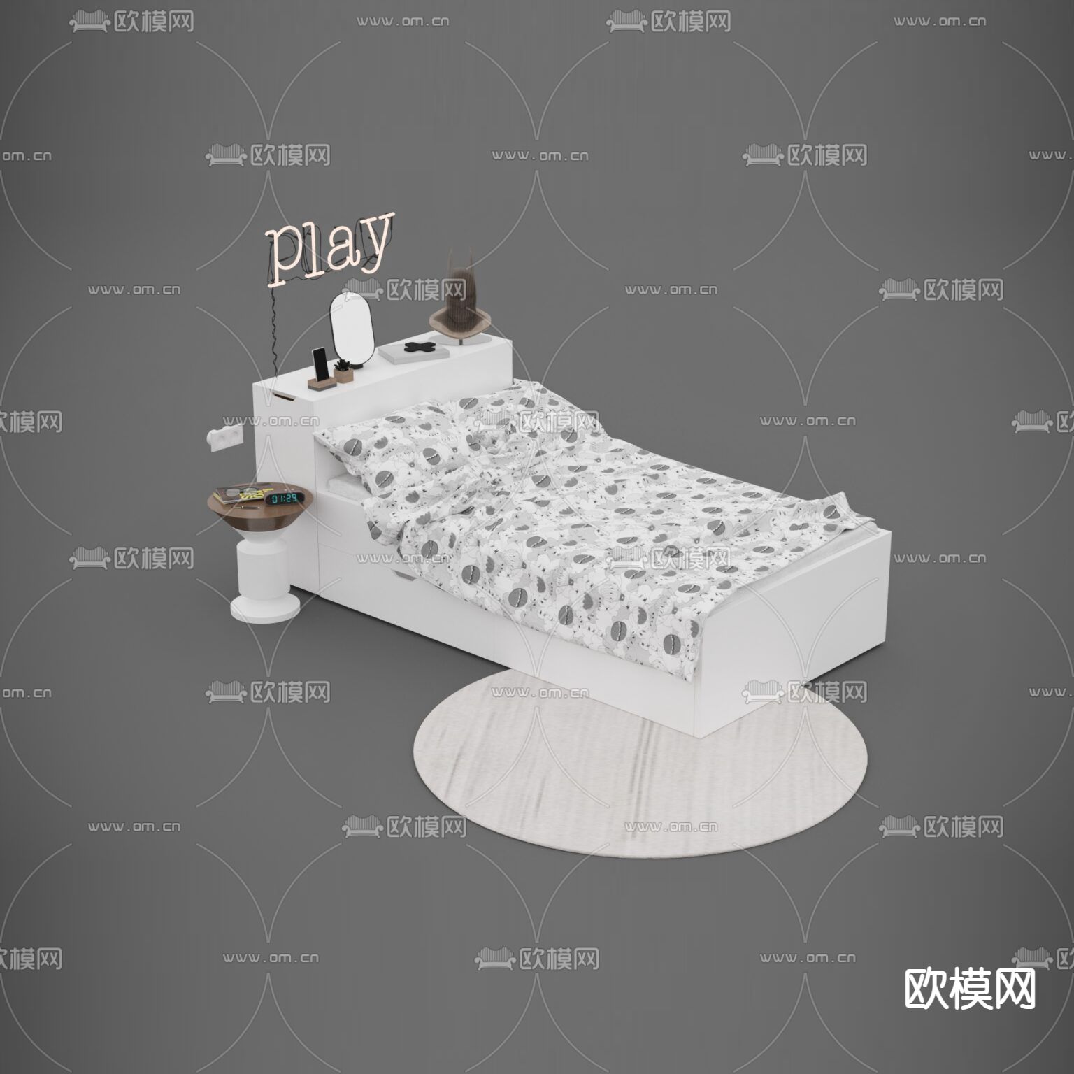 北欧简约实木单人床免费3d模型下载