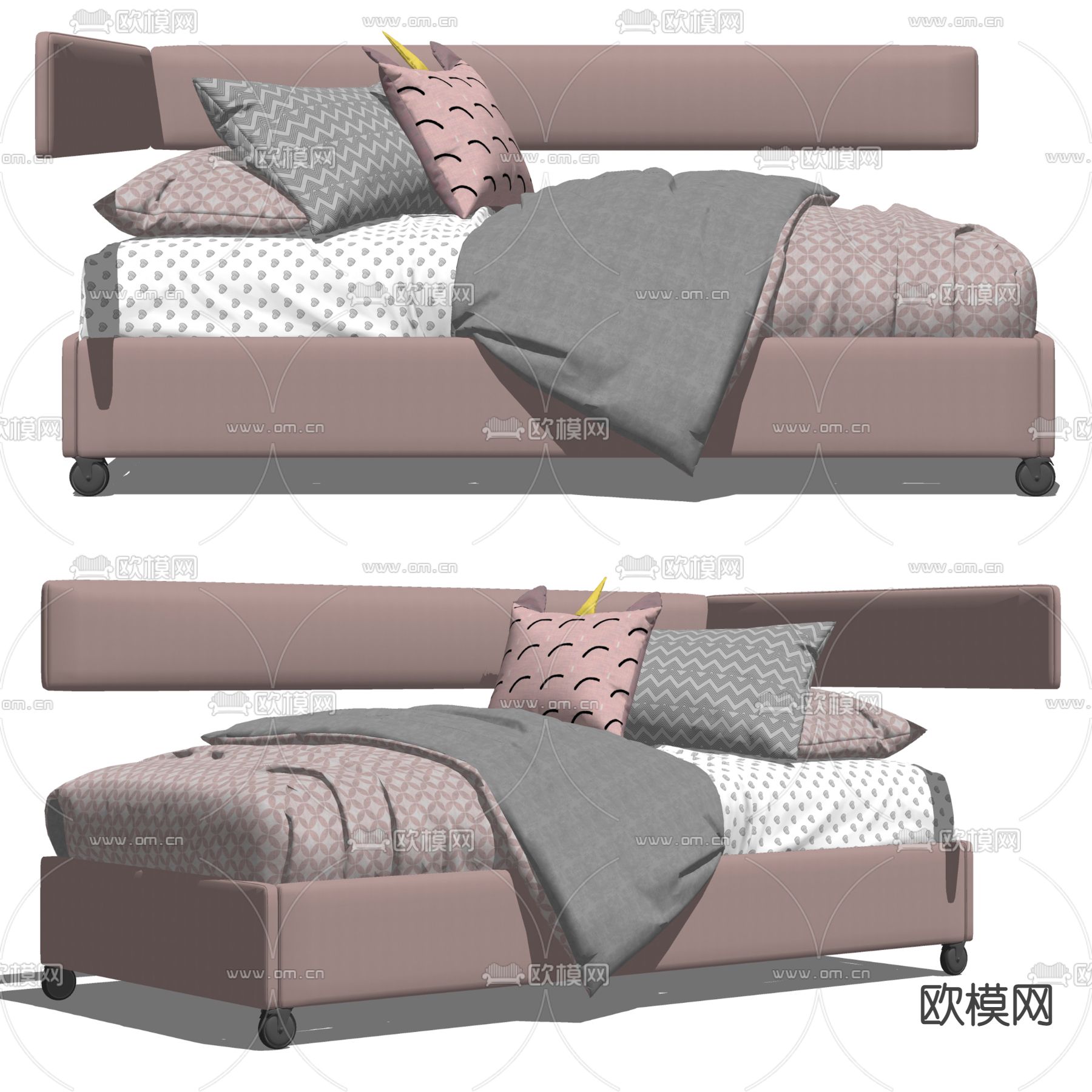 Joker现代粉色儿童床su模型下载（渲染图2）