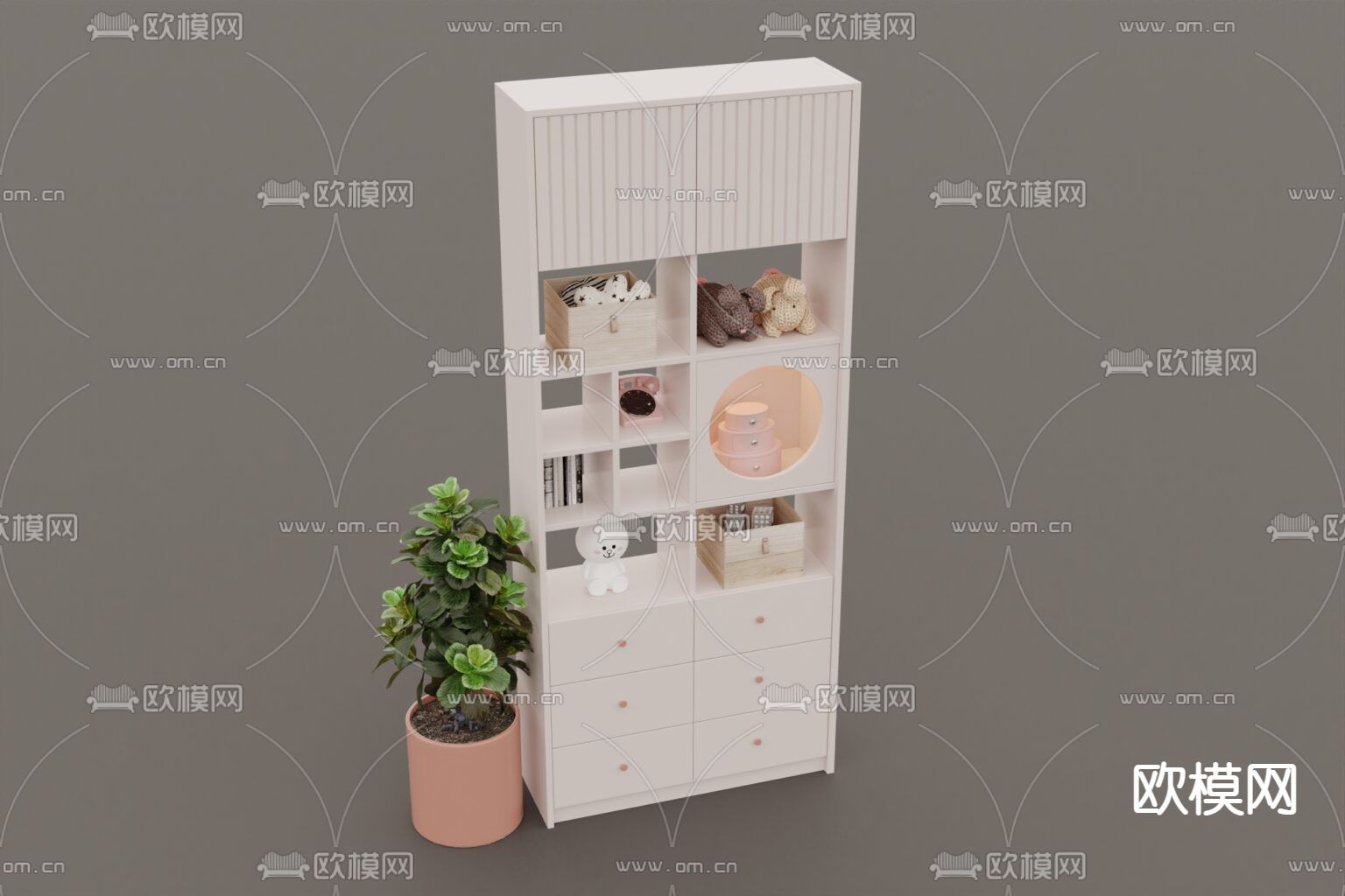 北欧简约粉白色实木儿童装饰柜免费3d模型下载