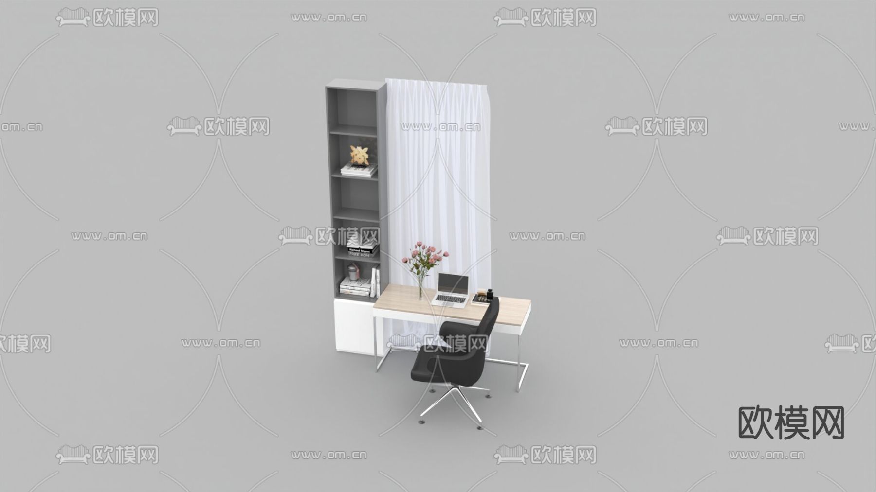 现代简约实木书桌书柜免费3d模型下载