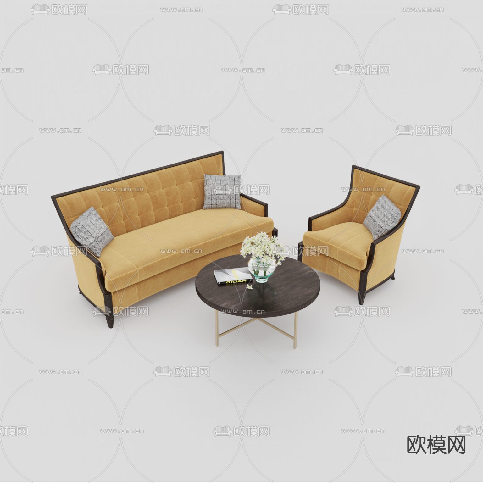 简欧实木布艺多人沙发组合免费3d模型下载