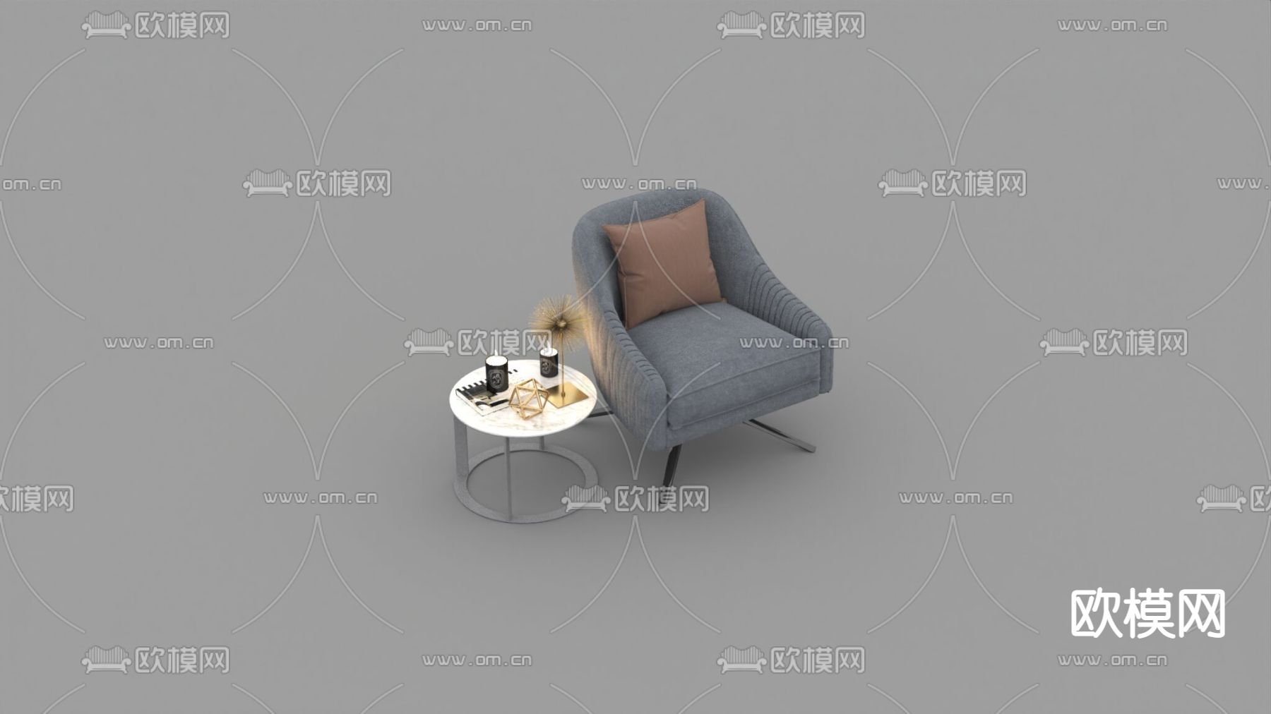 现代简约布艺金属休闲椅大理石边几免费3d模型下载