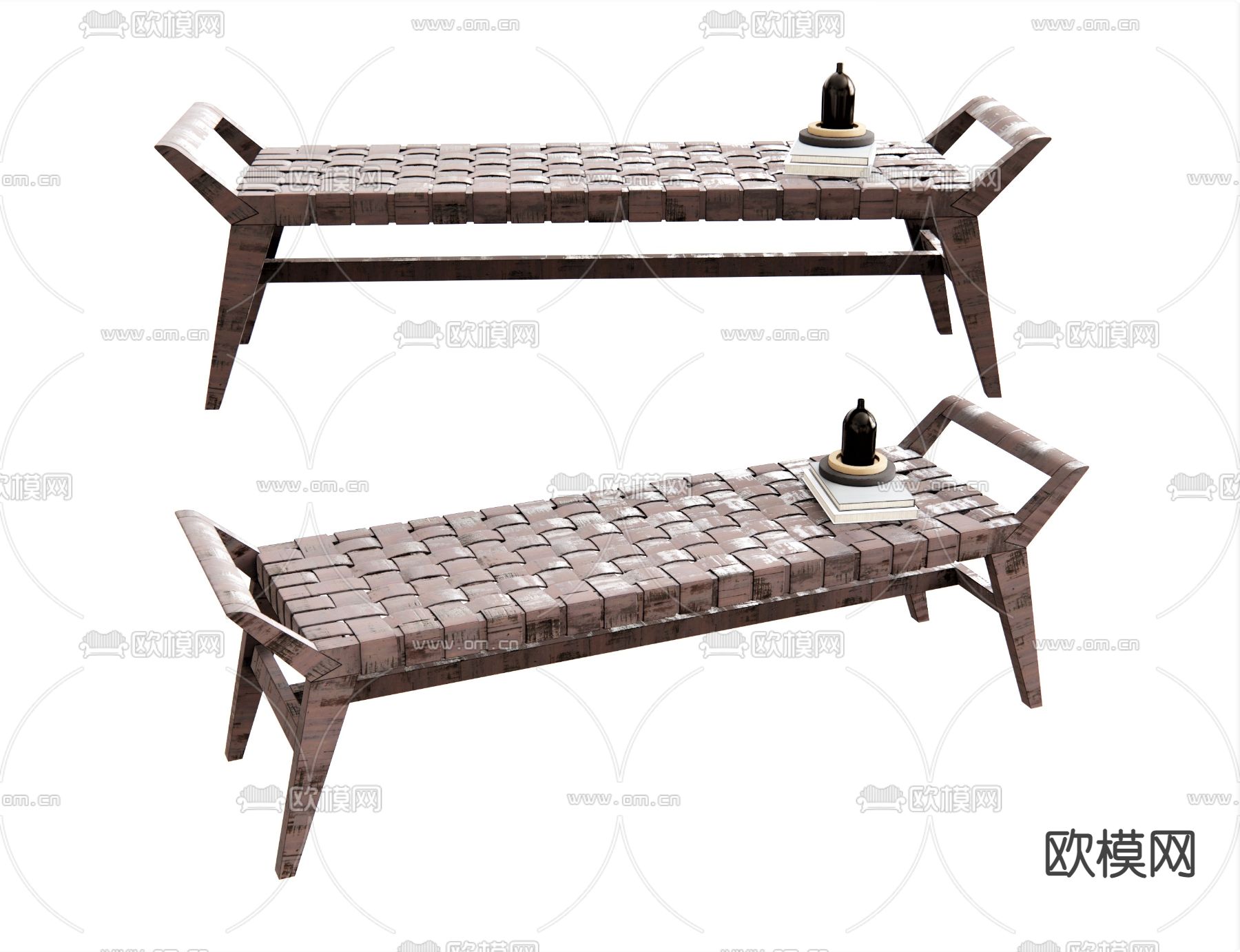 新中式编织床尾凳su模型下载（渲染图1）