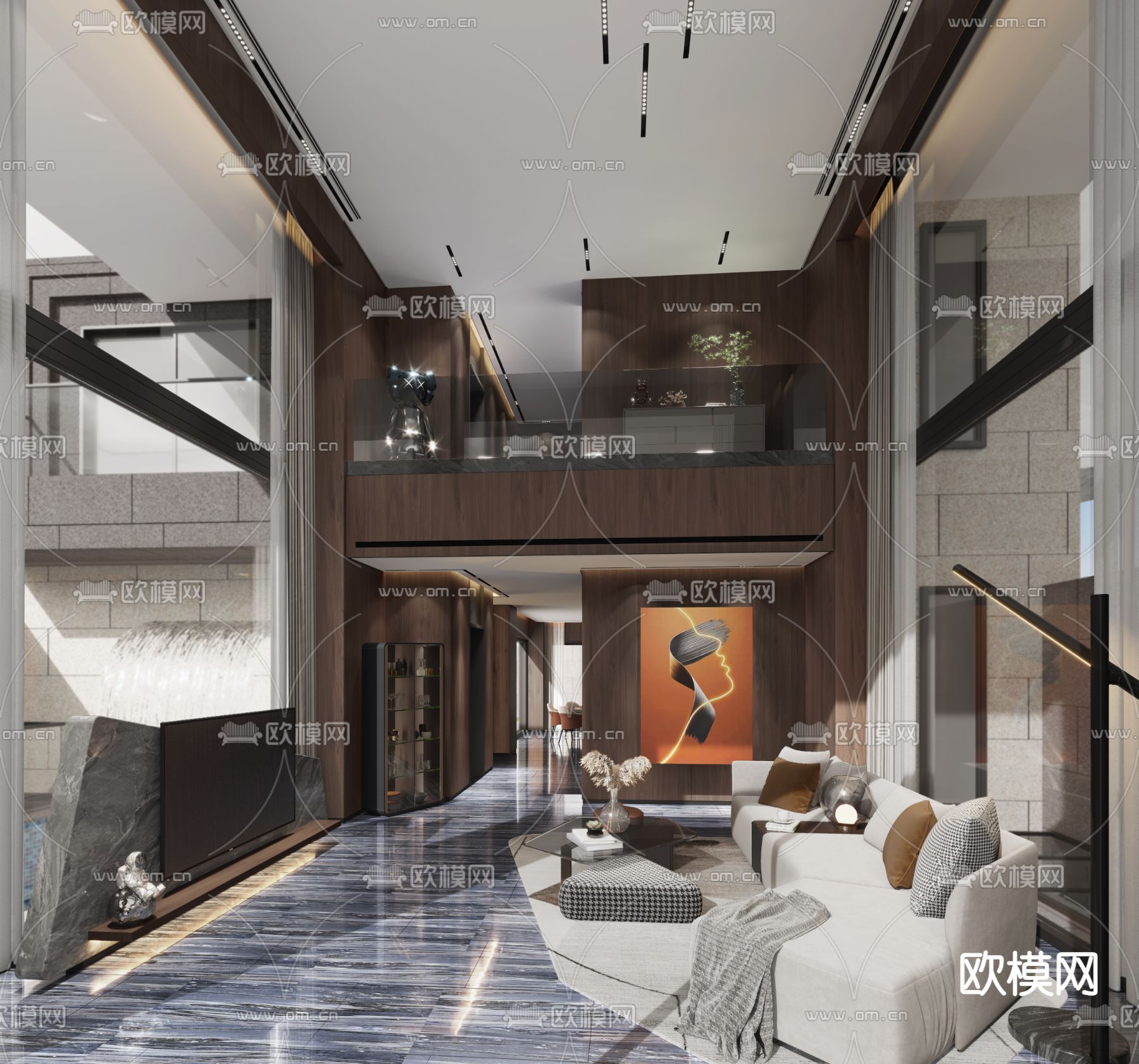 现代别墅客厅大堂3d模型下载