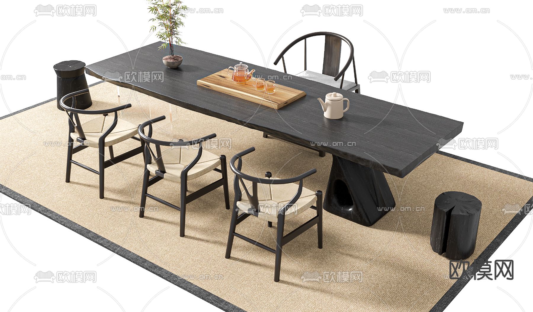 新中式实木条形茶桌椅3d模型下载