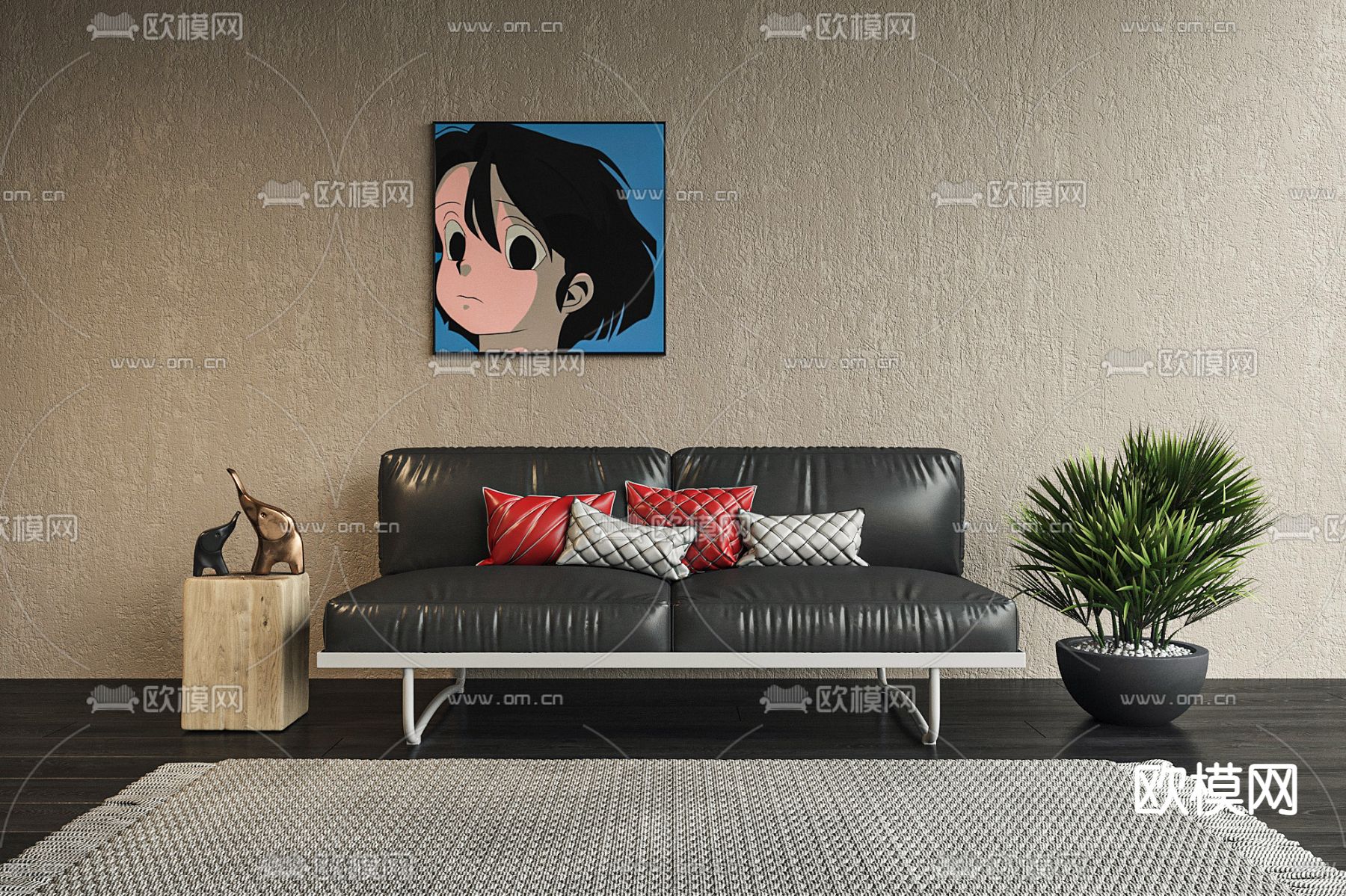 Minotti 现代黑色皮革双人沙发su模型下载（渲染图1）